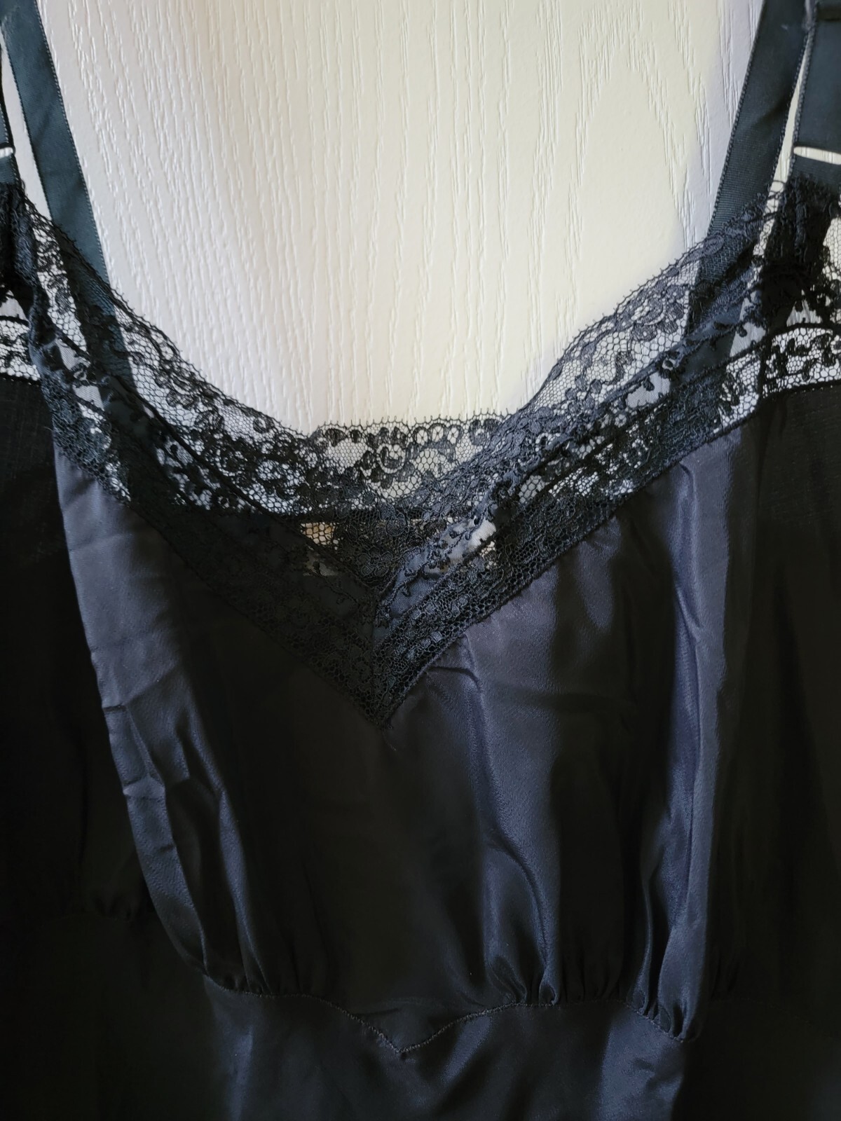 Barbizon Vintage Black Full Slip-Dress Size 16 Crepe Remarque Lace 50’s