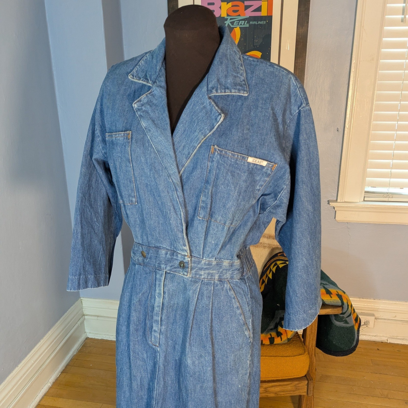 Vintage Ideas Denim Midi Dress Blue Wash 3/4 Sleeve Button Waist Size 9/10 80s