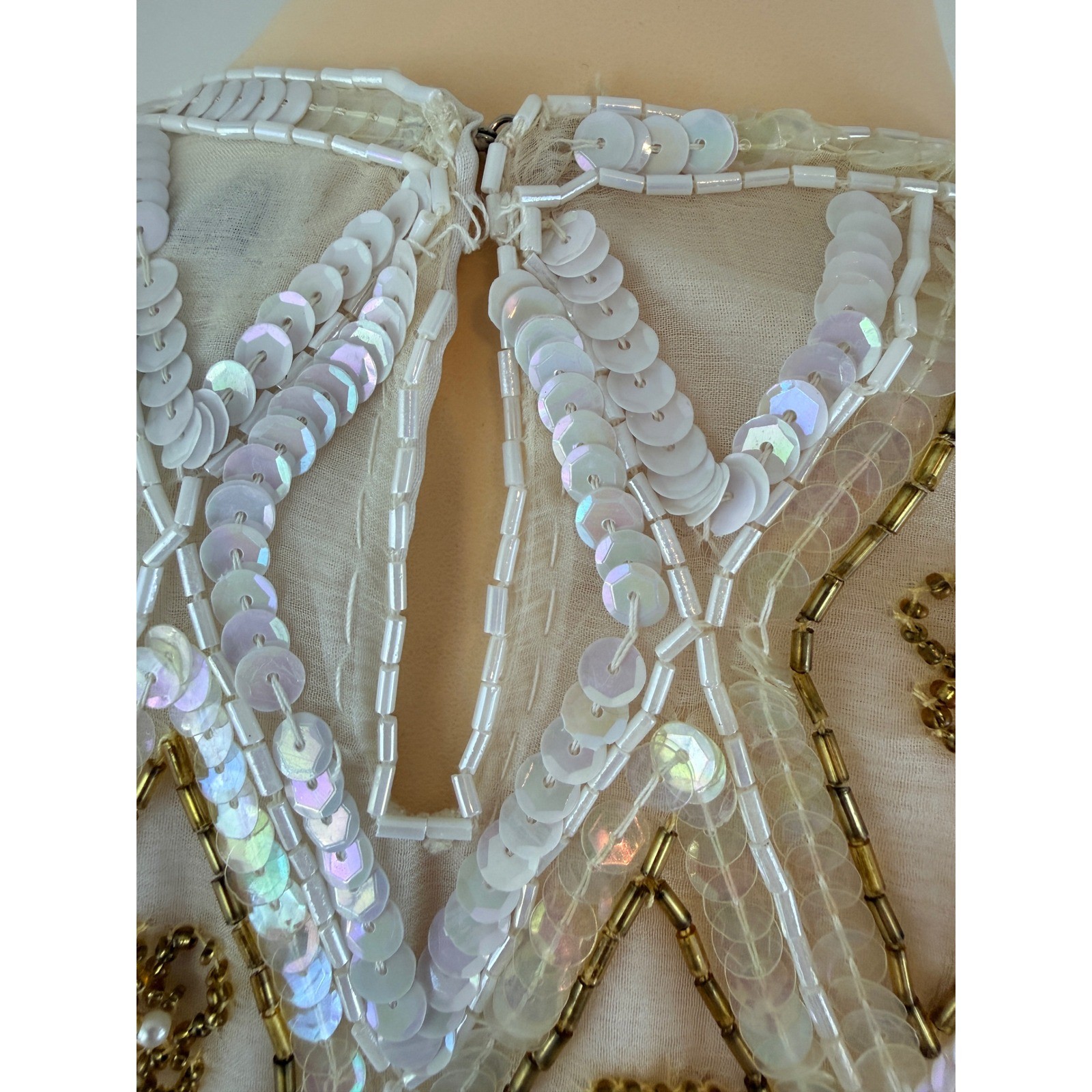 Vintage Silk Beaded Sequin Top White Gold Mermaidcore Pearl Beaded
