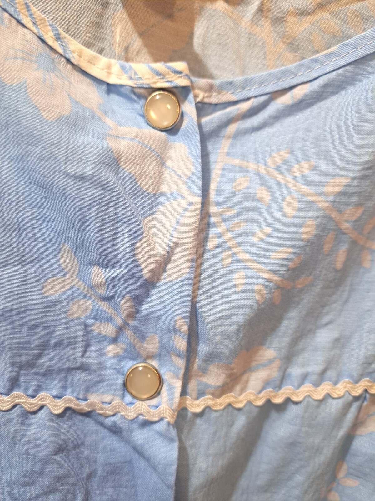 Vintage Womens Pajama Top 4X Light Blue Floral Print Snaps Smock Casual Nights