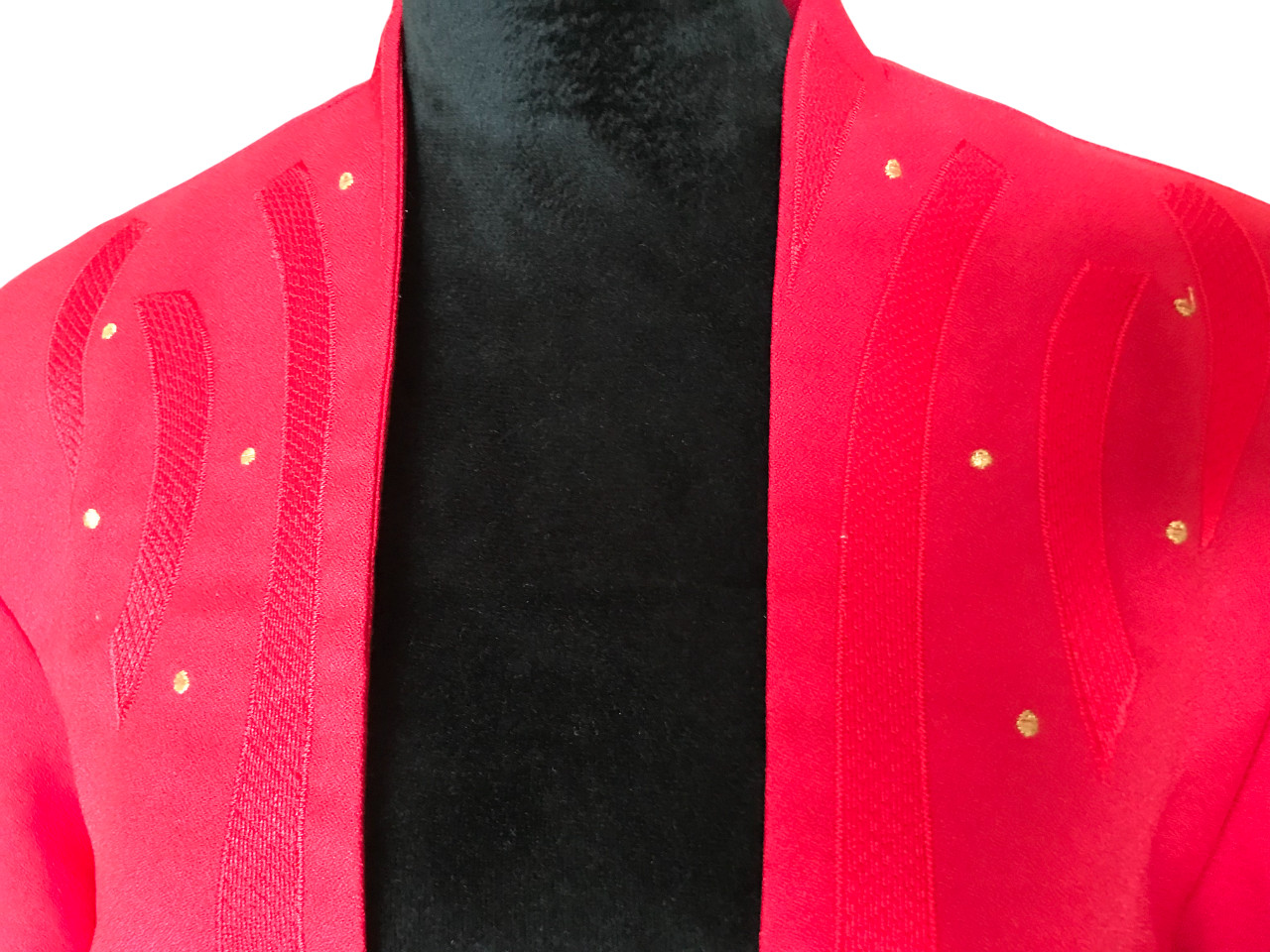 VTG 70s Pride & Joy Blazer, Deep Scoop Neck Red Geometric Print Gold Dots Sz 22W