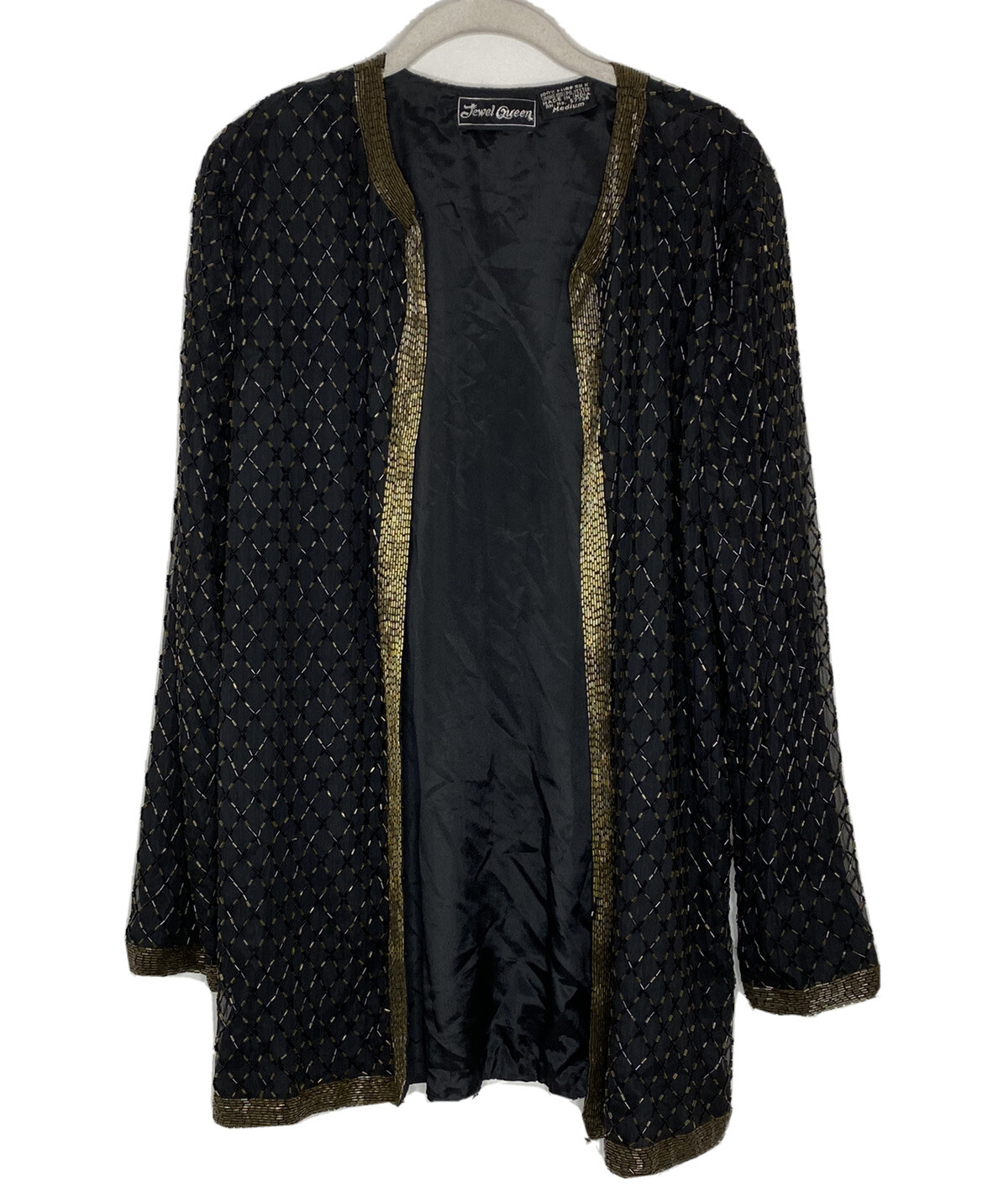 VTG Jewel Queen 100% Pure Silk Black Heavily Beaded Jacket Size Medium F5