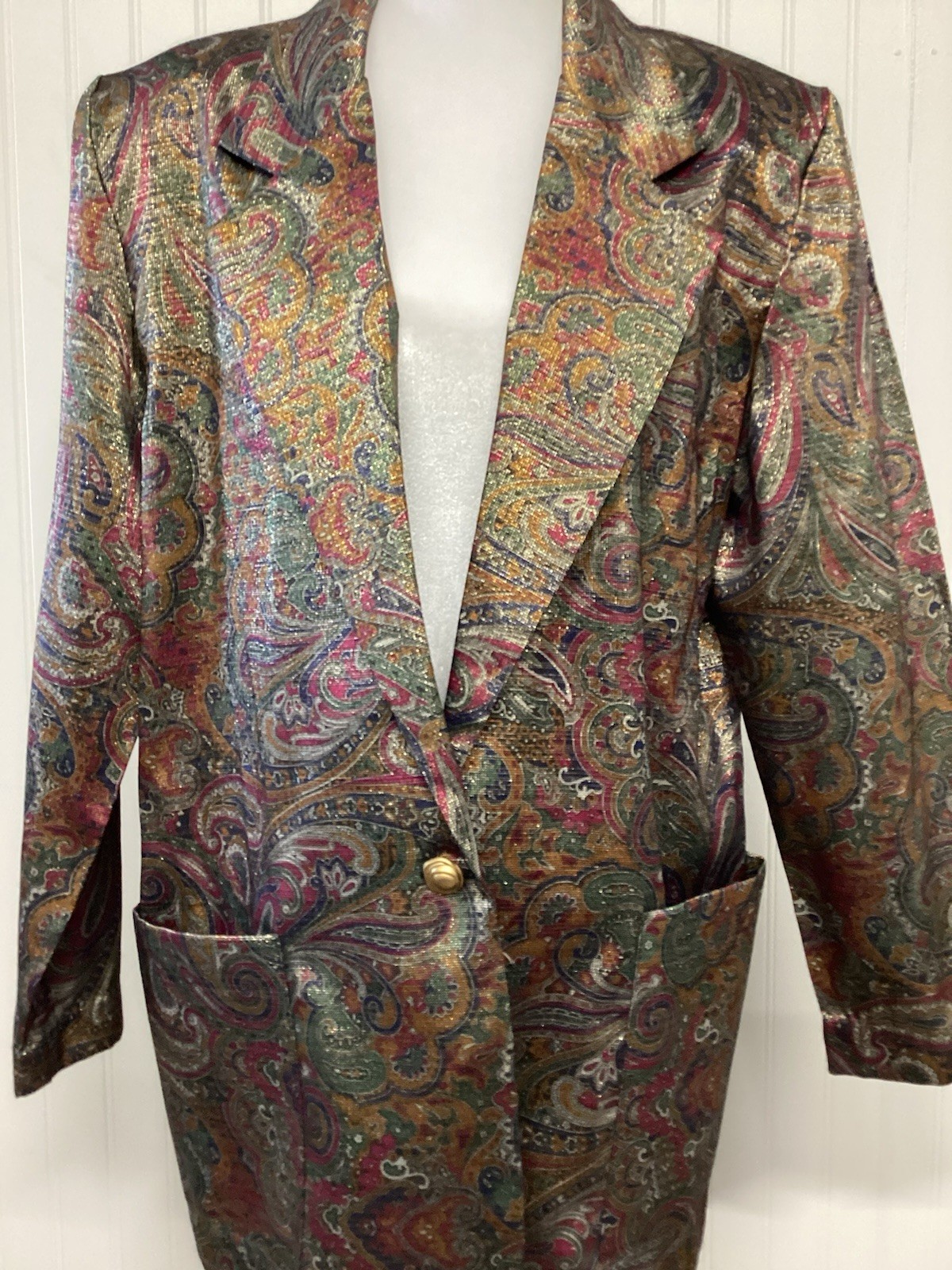 VTG Claude 80’s Print Blazer/Pocket Sz W 10 Funky Paisley Boho Y2K Metalic Rock