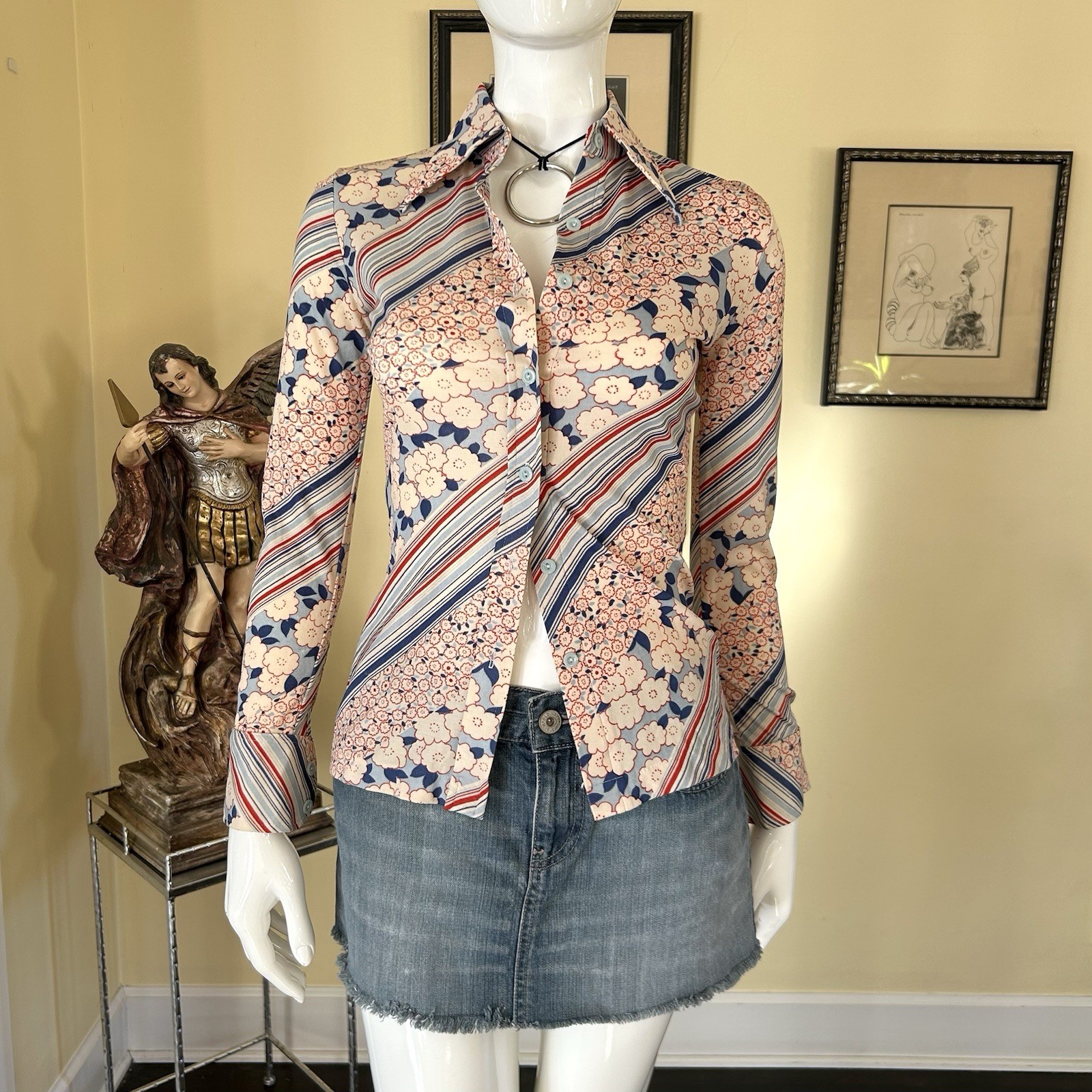 Vintage 70s Huk A Poo Patterned Button Up Collared Top Medium