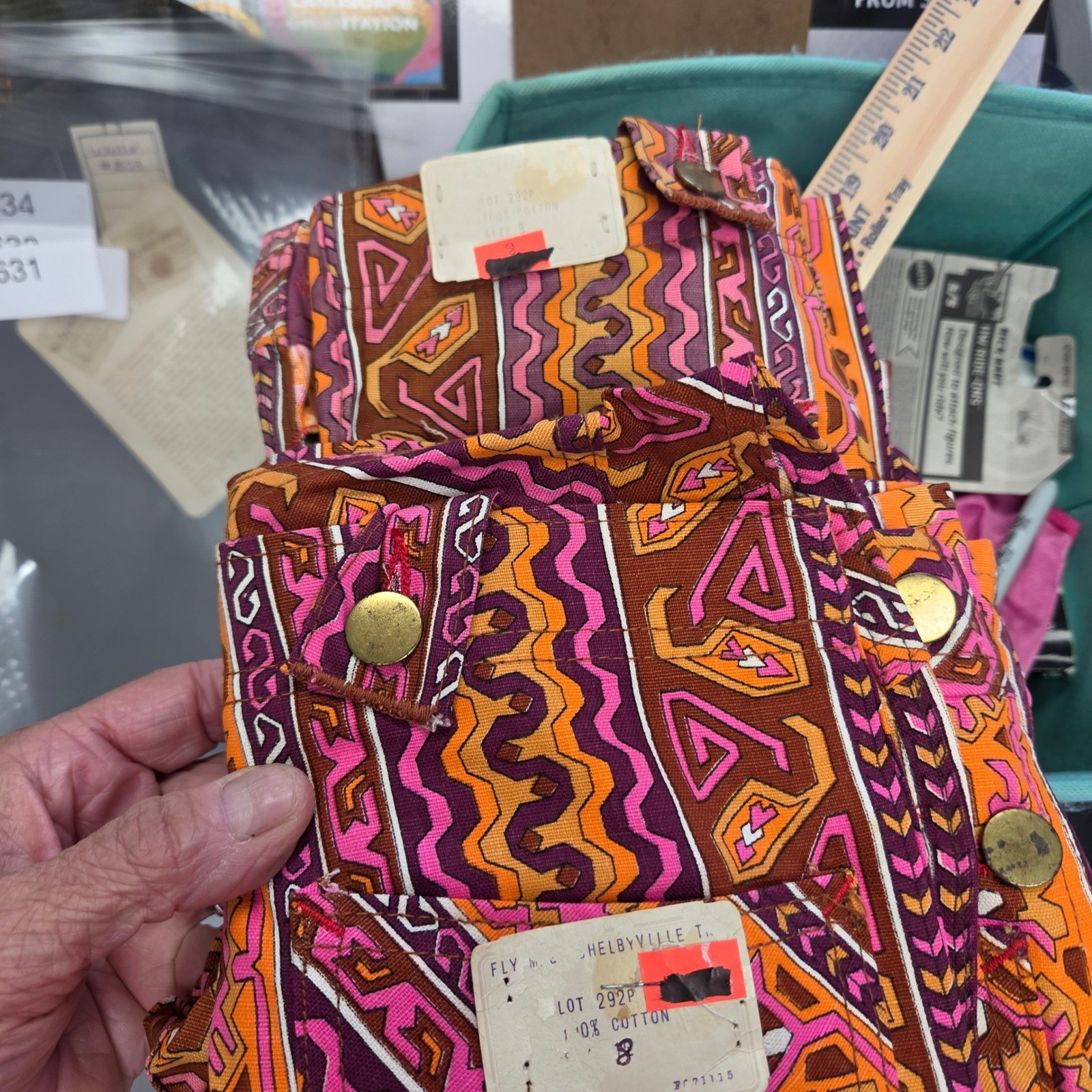 Vintage Flys Shelbyville TN Geometric Print Cotton Overalls Orange Purple Size 8