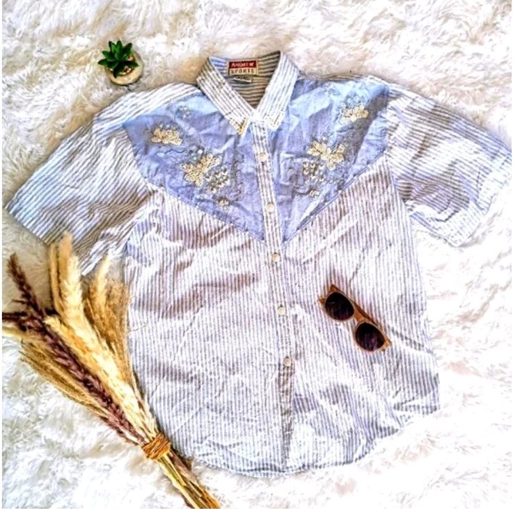 Vtg 80s Glam Maximalism Andrew Sport Pearl & Sequin Blue Cotton Stripe Shirt M