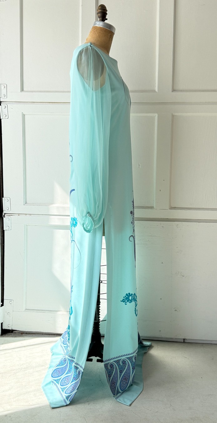 VTG 60s 70s Alfred Shaheen Aqua Blue Maxi Dress Sheer Balloon Sleeves L Hawaiian