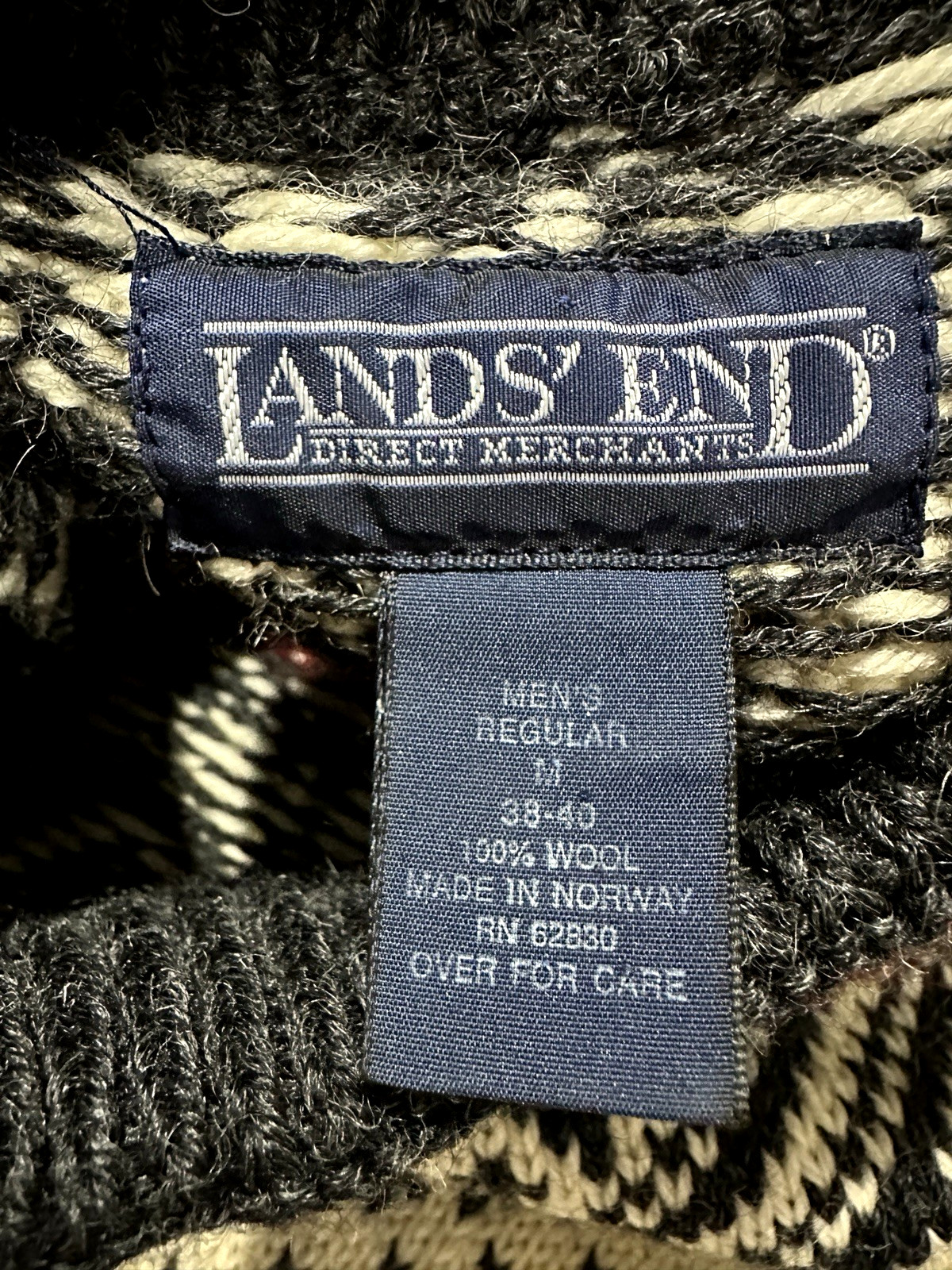 VTG Lands End Nordic Fair Isle 100% Wool Sweater Mens Sz Med Ski Made in Norway