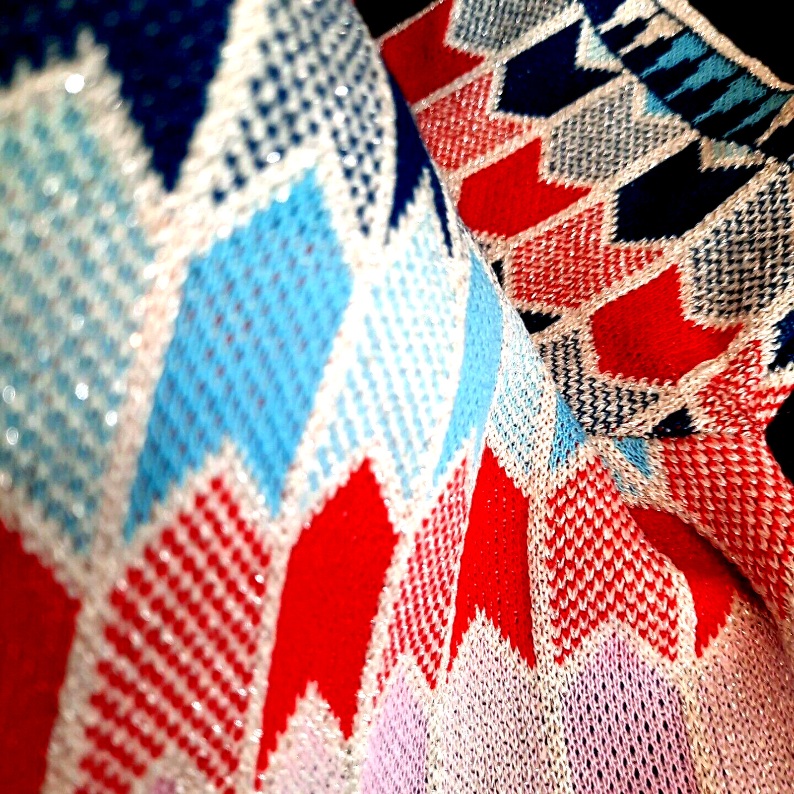 Vintage 60s MOD Geometric Silver Metallic Knit Dress Medium Red Pink Blue Retro