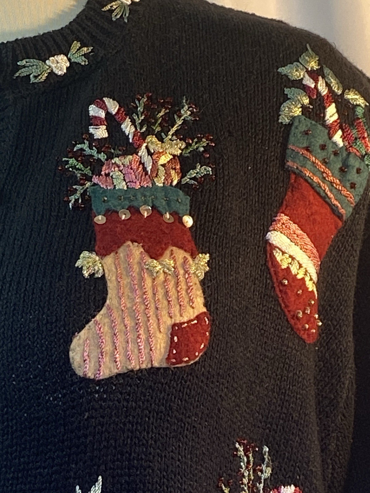 STITCHES IN TIME Christmas Stockings Cardigan Large Sweater Vintage L Black