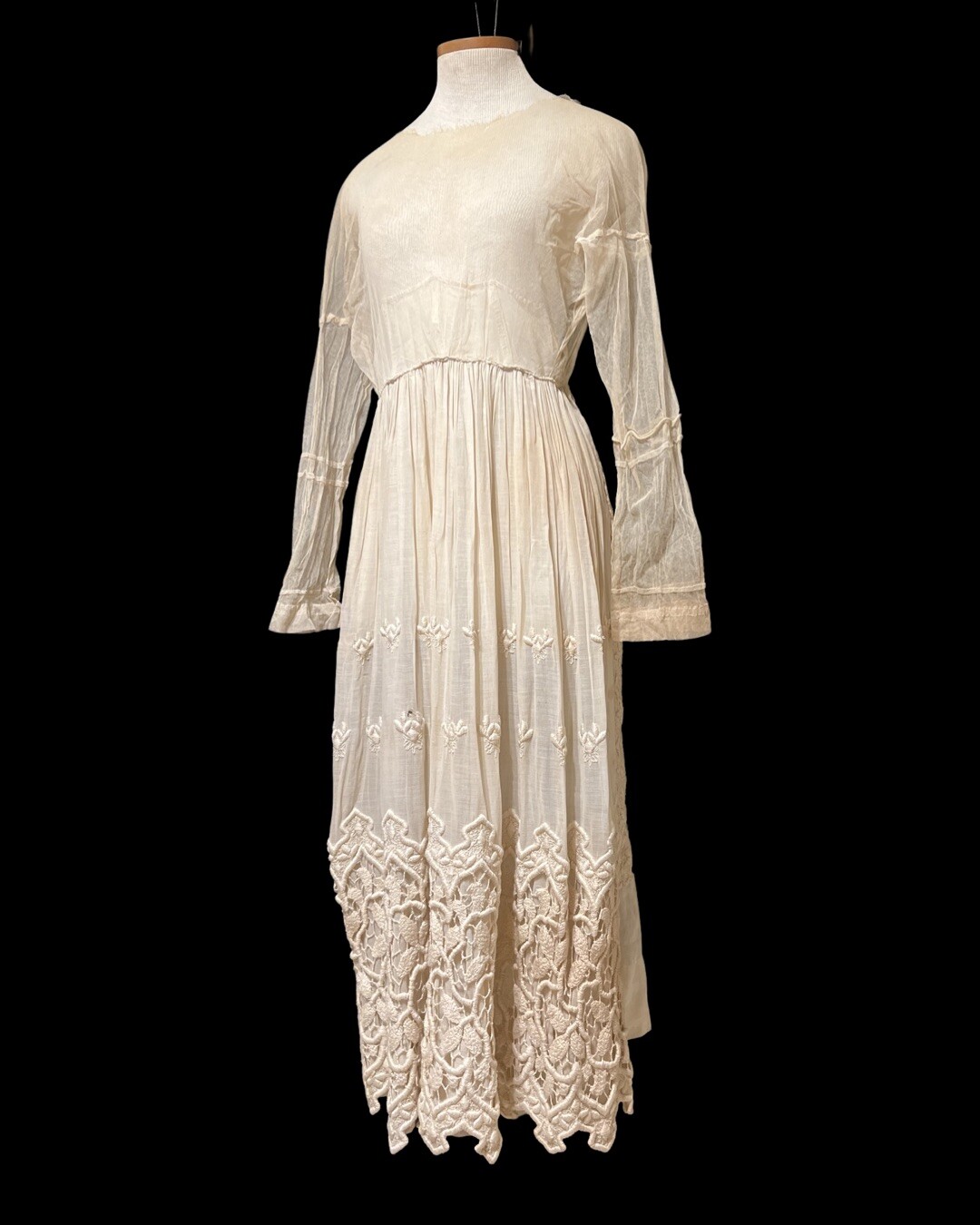 Antique Edwardian Tulle Crochet Formal 2piece Dress Vest Cotton Voile Skirt 1900