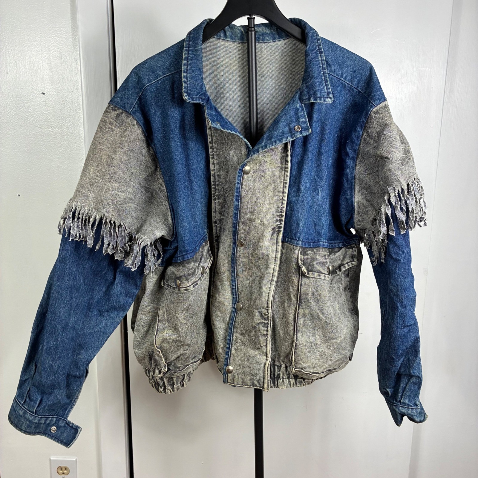 Vtg 80s GUESS by Georges Marciano Colorblock Fringe Denim Jacket AcidWash Bomber