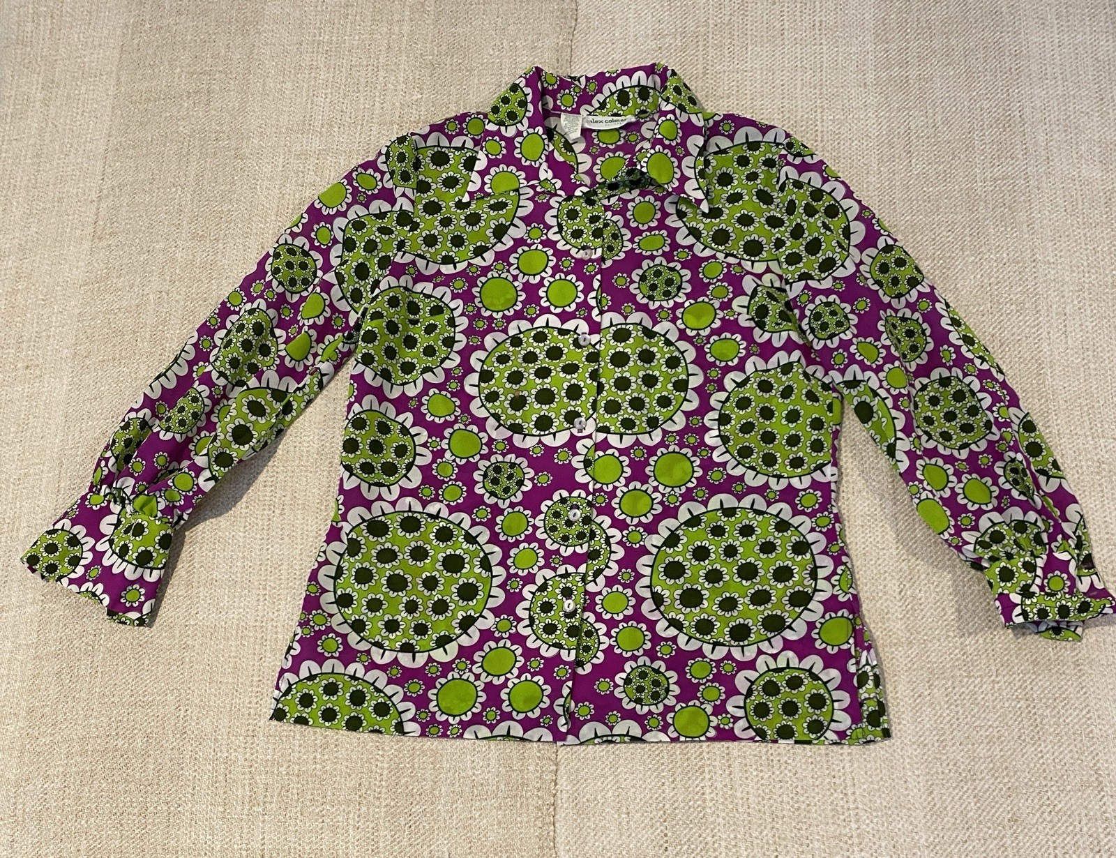 Vintage 70’s ALEX COLEMAN shirt Purple& White daisy Print Sz M Excellent