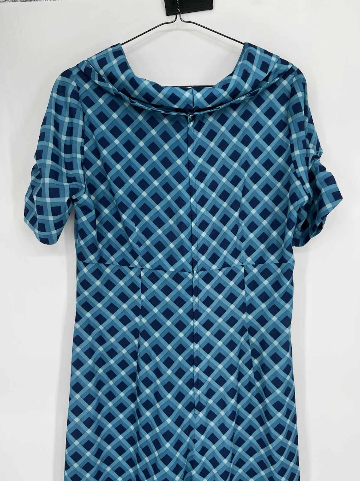 Vtg Blue Checkered Maxi Dress Double Collar Puff Sleeve No Size Approx. M/L