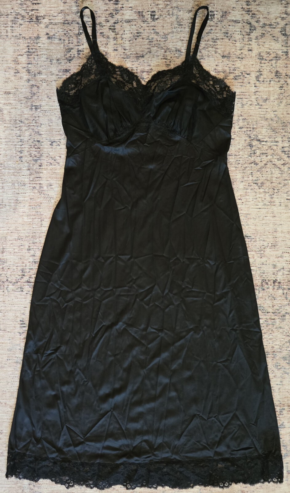 Vanity Fair Full Slip Black Tricot Nylon Lace Old Tag USA Vintage 34 T