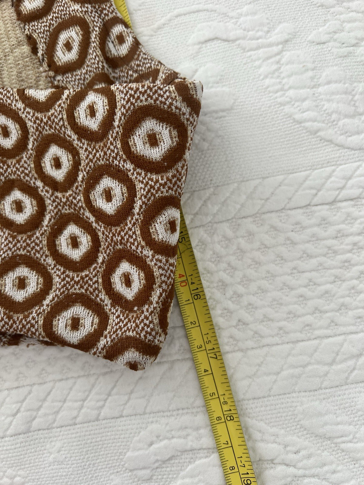 Vtg 60s Mod Shift Dress Brown Geometric Knit Hourglass MCM Medium Large GoGo