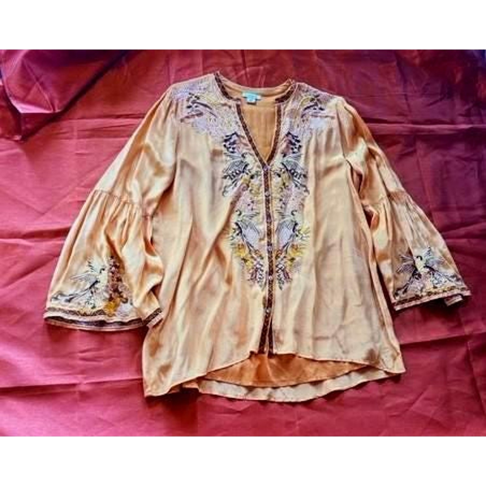 Sundance Embroidered Satin Blouse Medium Gold Champagne Floral Bell Sleeve Boho