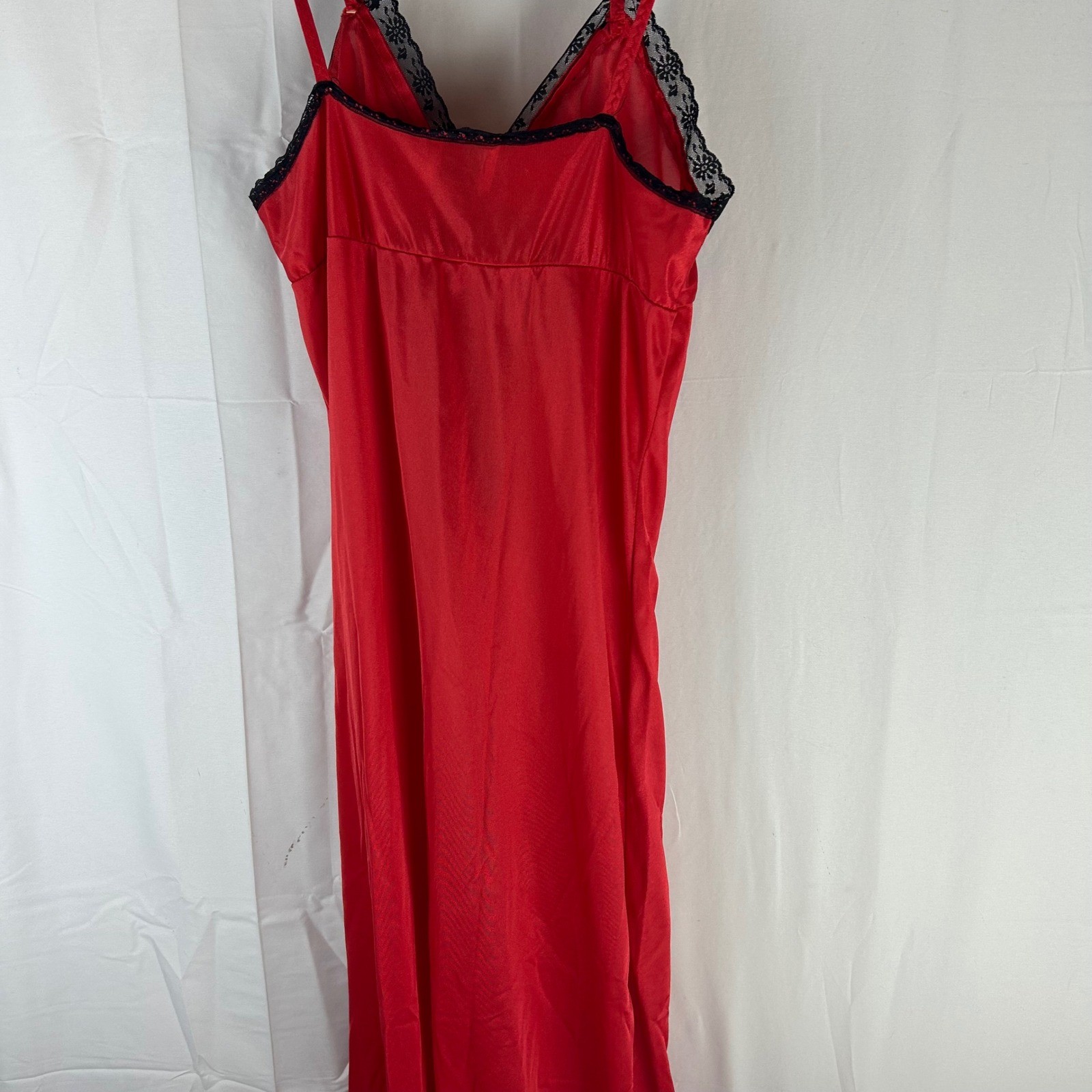 Vintage Paramount New York Red Satin Nightgown Black Lace Trim Maxi Slip Dress