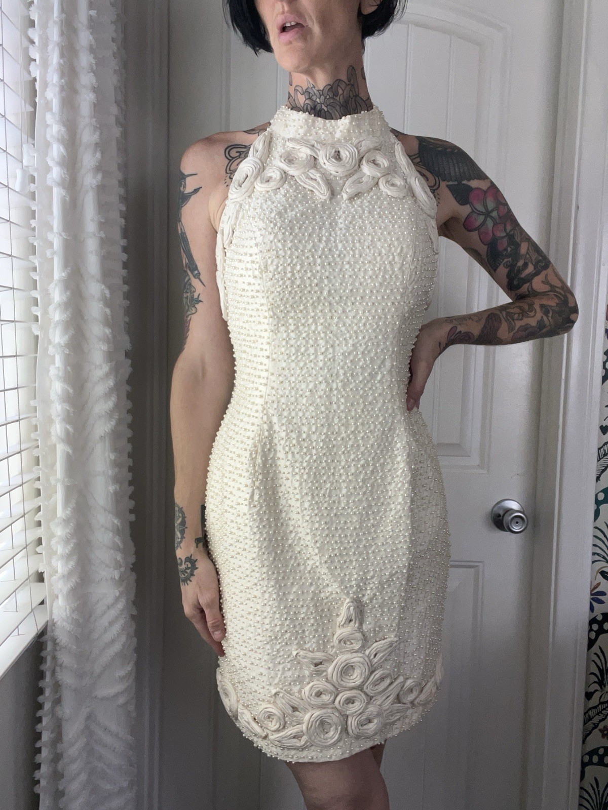 Vtg 90s Baracci Couture Pearl Embellished Rosette Silk Halter Mini Dress Wedding