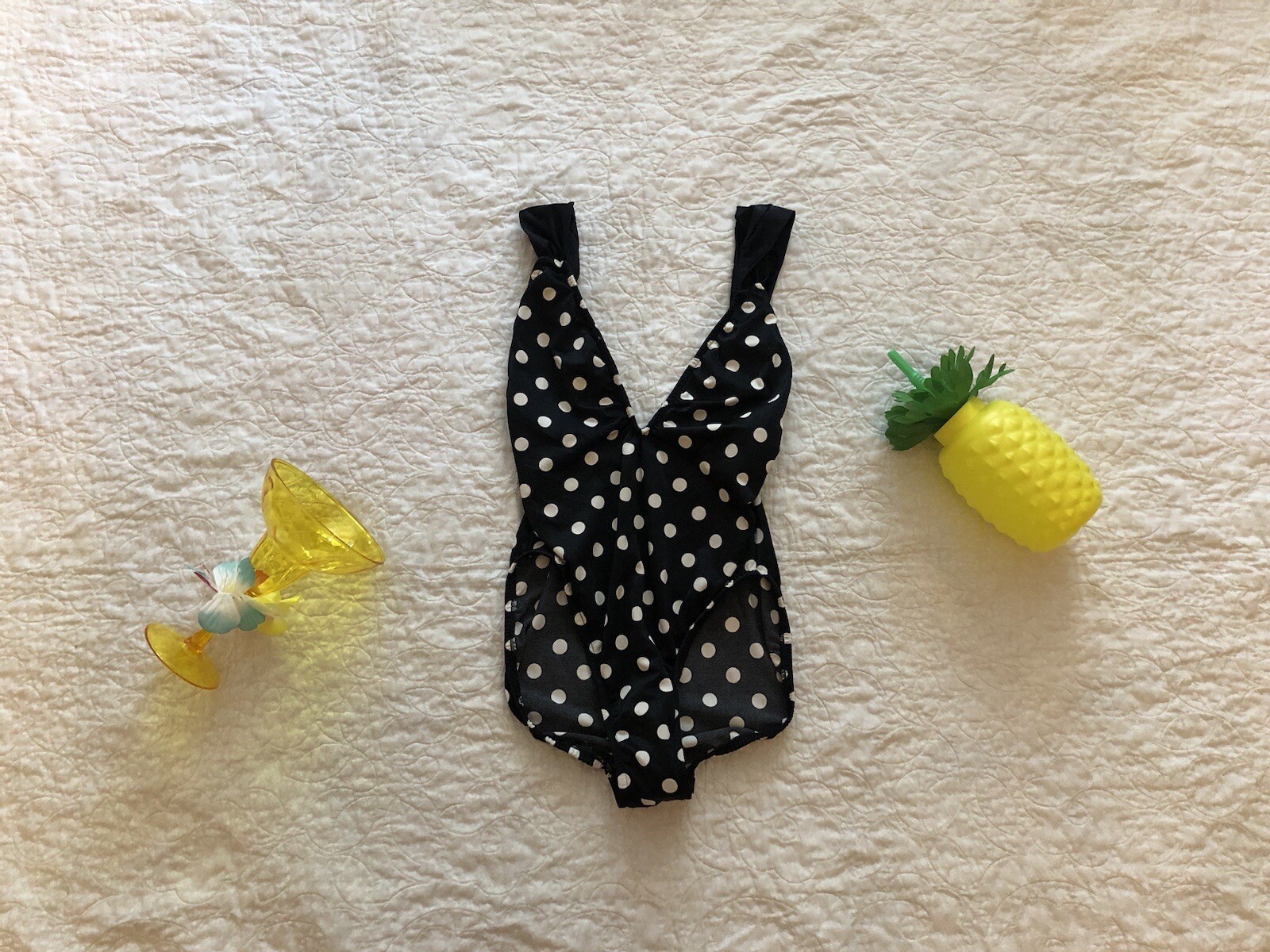 90’s Vintage Avon Fashions Black With White Polka Dots Sexy One Piece Swimsuit