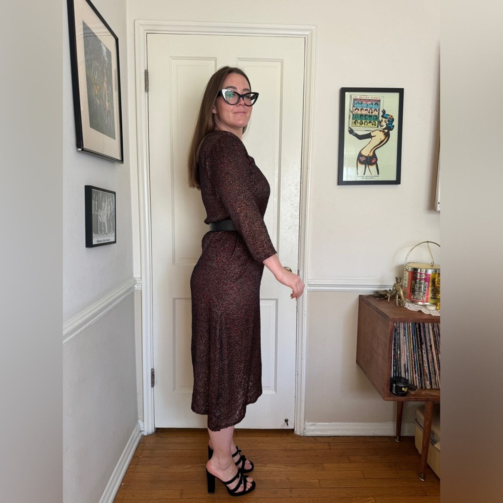 90s Vintage Red Gold and Black Velvet Burnout Dress