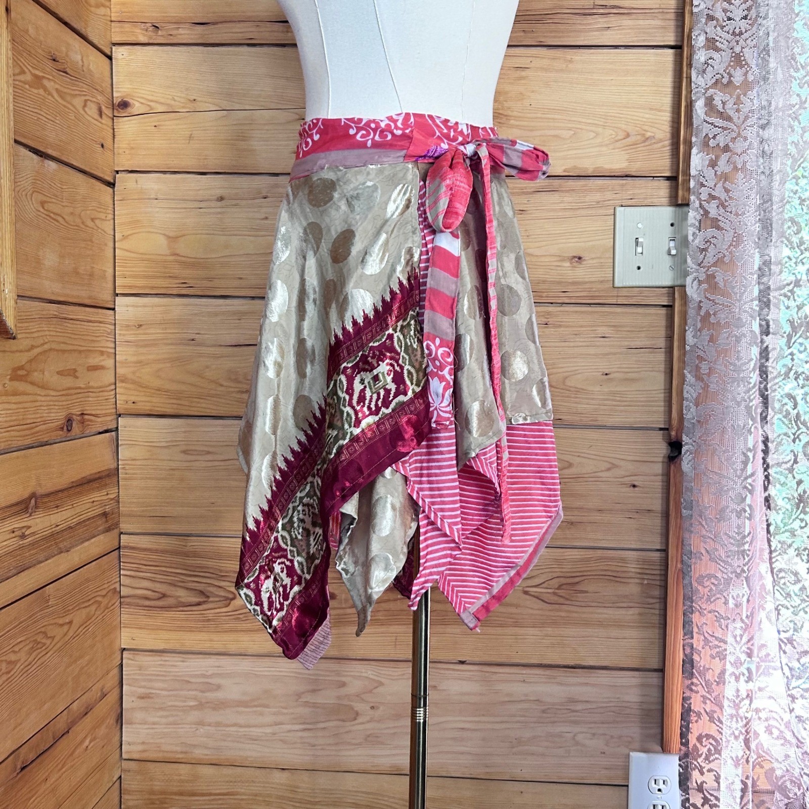 Vintage Silk Reversible Wrap Skirt Women Large Pink Patchwork Boho Handmade OOAK
