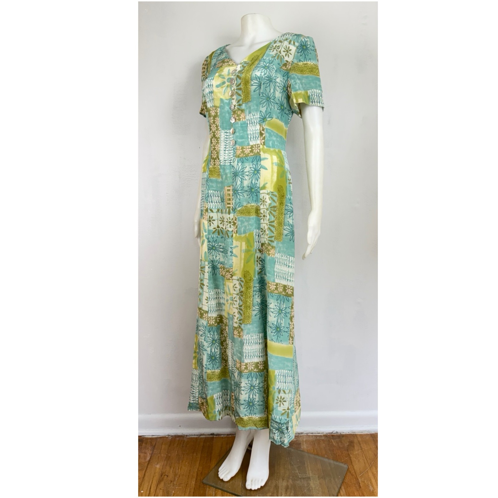 Vintage Patchwork Floral Print Silk Dress 90s Maggy London Green/Blue Maxi