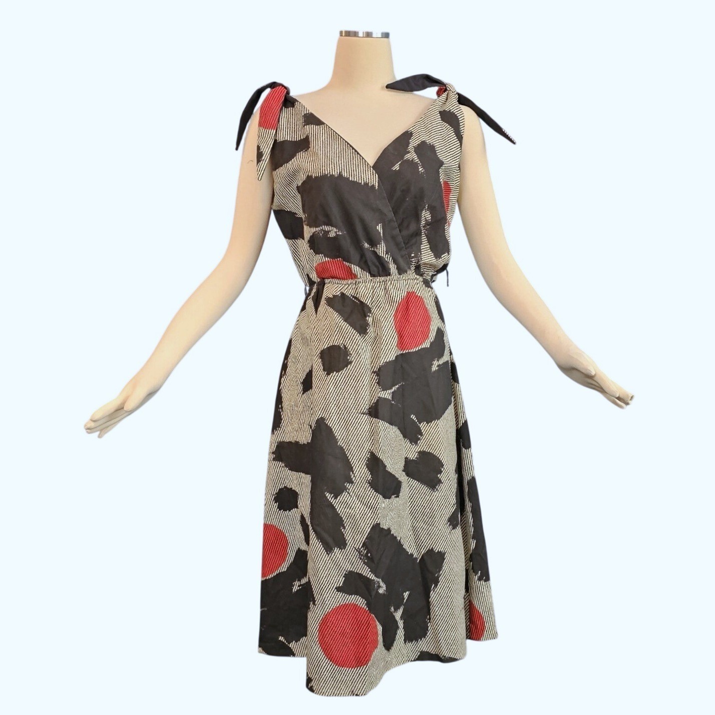 Vintage 1970s Dress Black Tan Striped Abstract Pattern Red Sleeveless Shoulder