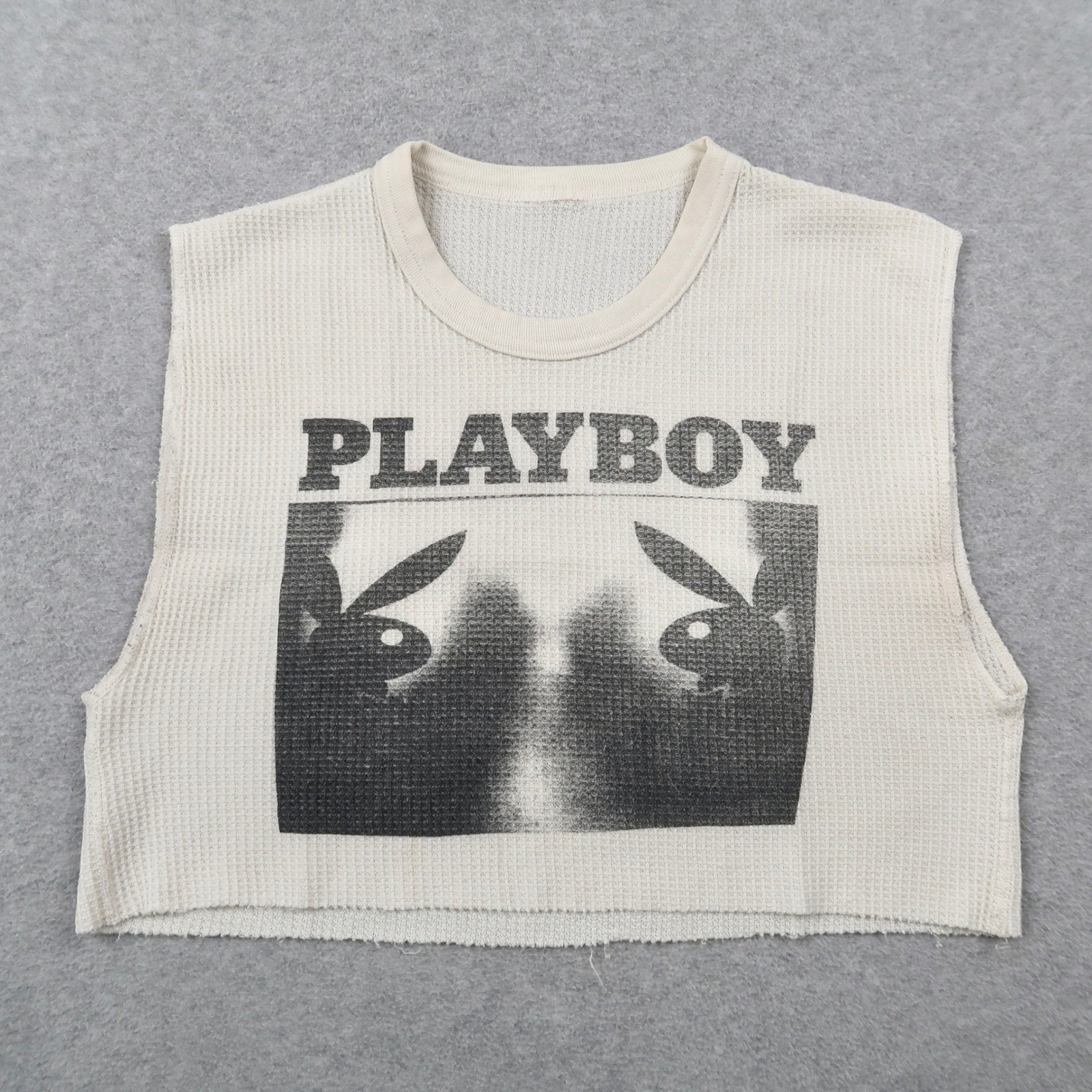 Vintage Playboy Women Small Ivory Waffle Knit Thermal Raw Hem Cropped