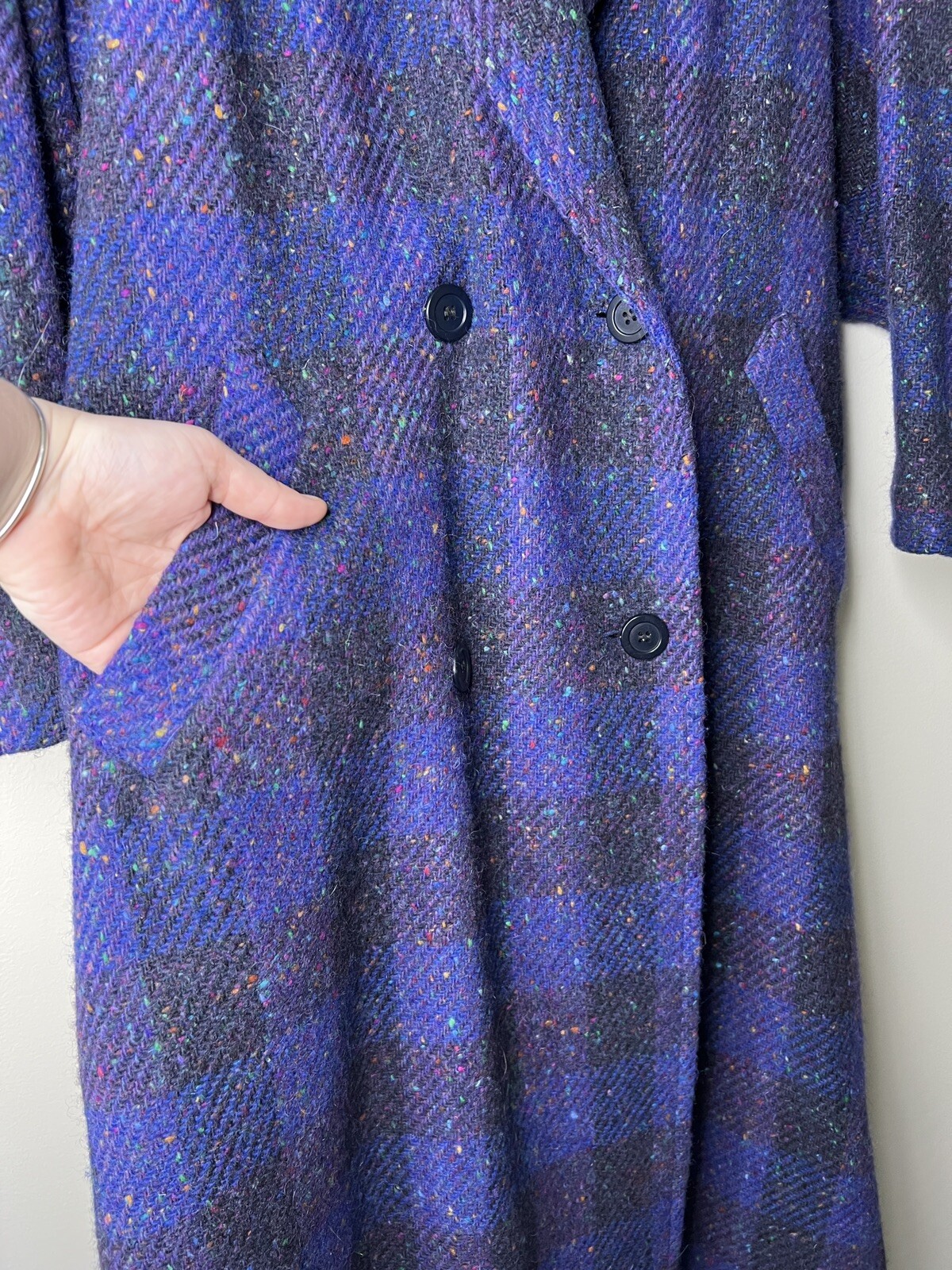 Vintage Jimmy Hourihan Sz 8 Purple Plaid Long Coat Wool Speckle Tweed Ireland