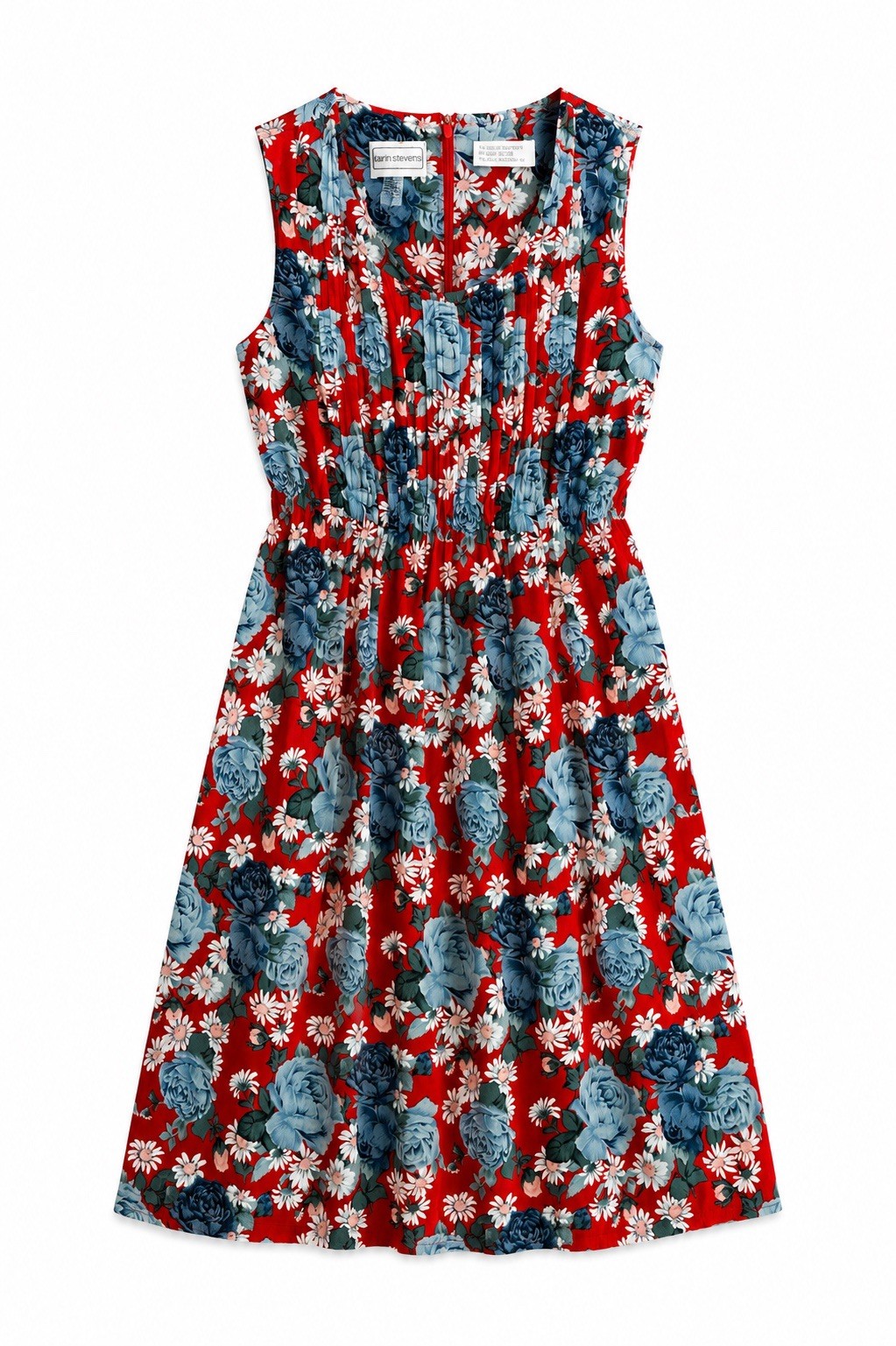 Vintage Karin Stevens Dress Womens 12 Red Floral Rayon Sleeveless Midi