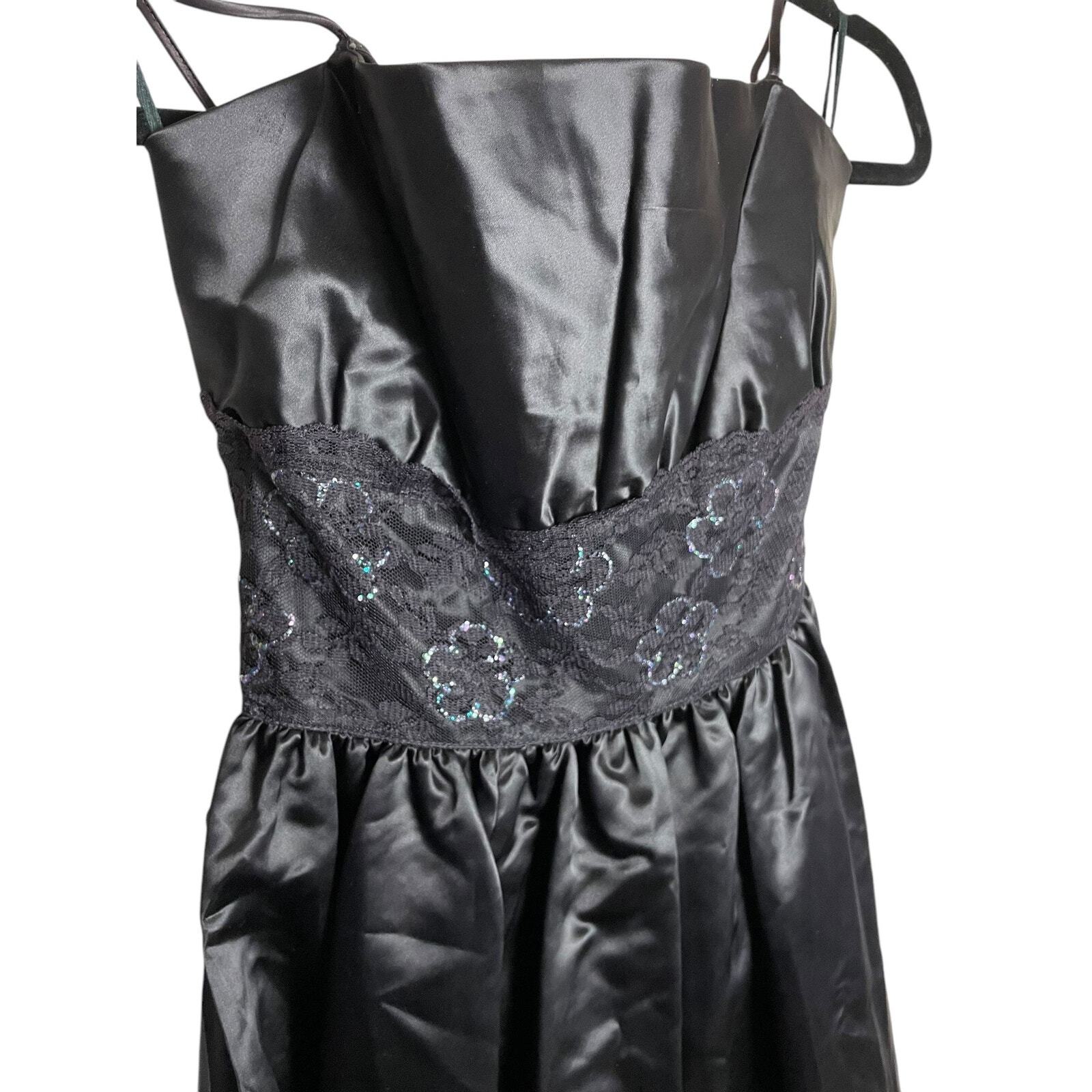 80s Y2K Jessica McClintock Gunne Sax All Black Satin Dress Floral Lace Size 9