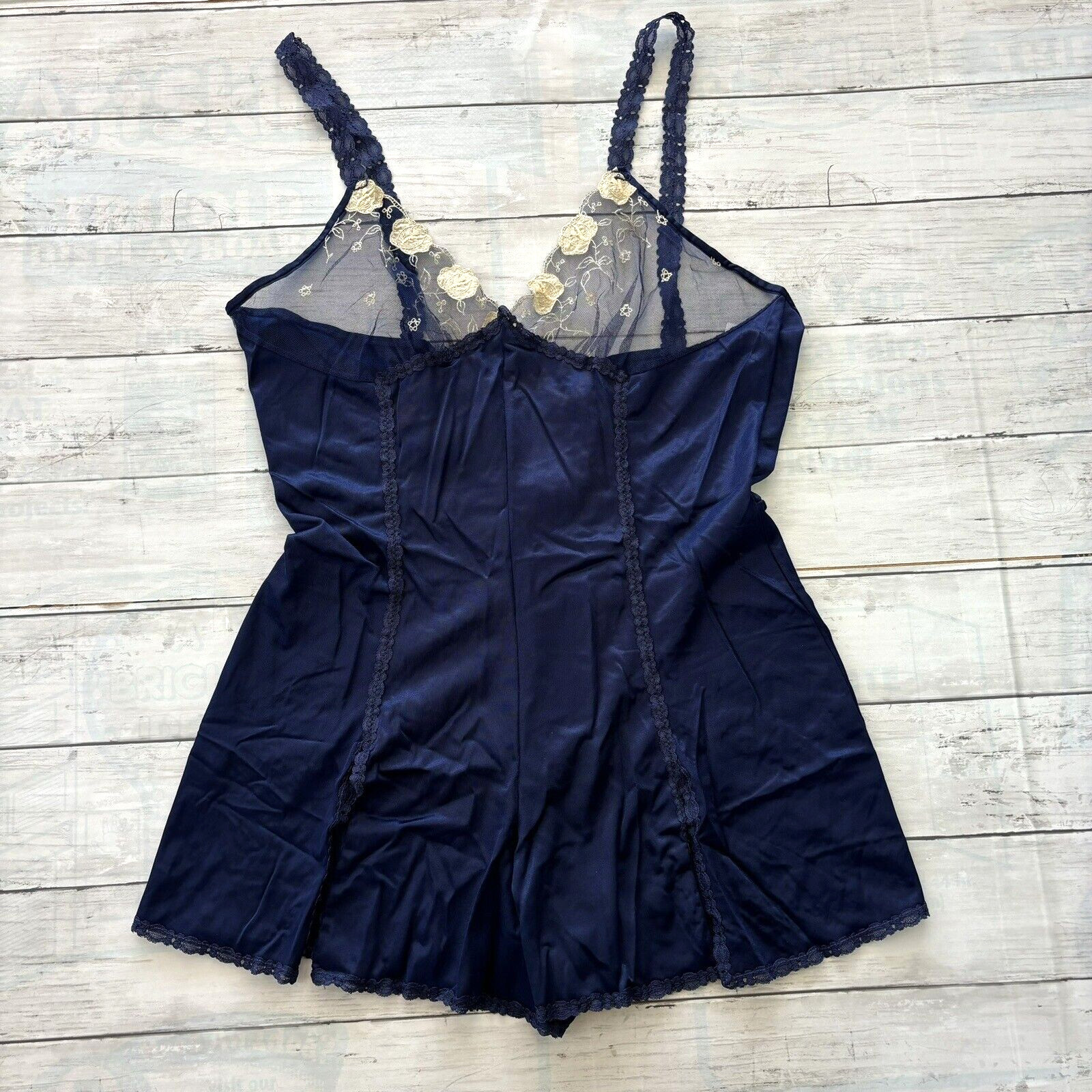 Vtg Teddy Size 34 S Navy Blue Silky Lace Mesh Romper Bodysuit Sheer Madness Cira