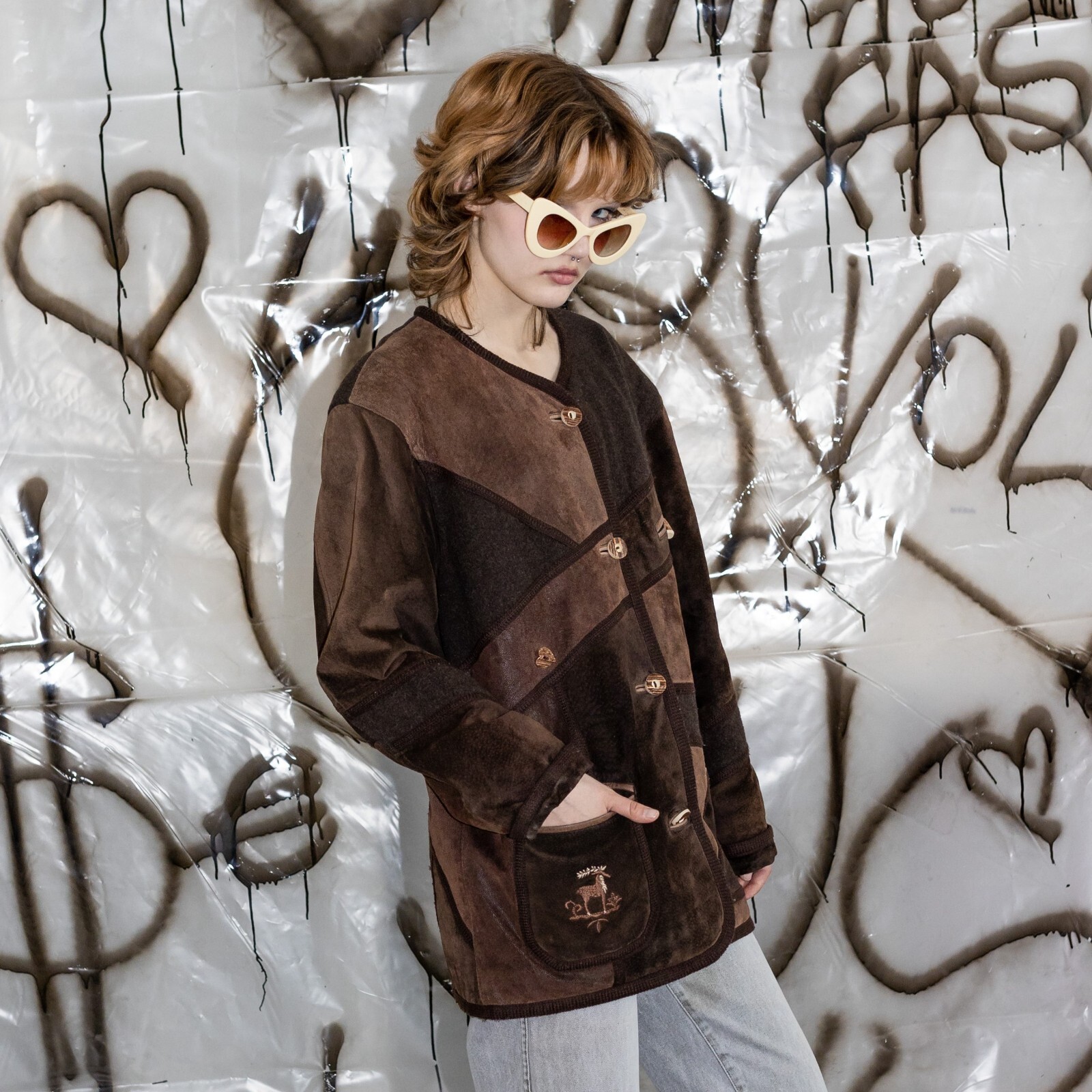 90’s Vintage retro suede patched jacket in brown tones