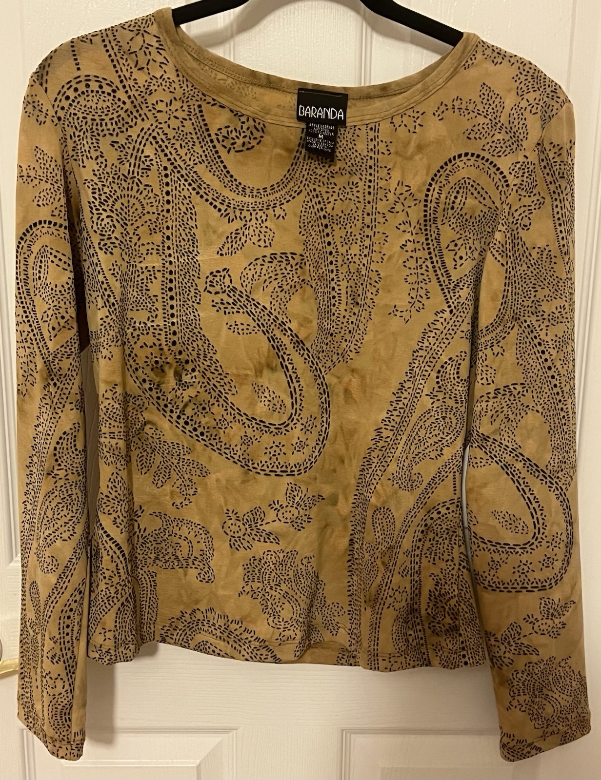 BARANDA Vtg Gold Color w Paisley Black Dots Long Sleeve Blouse EUC