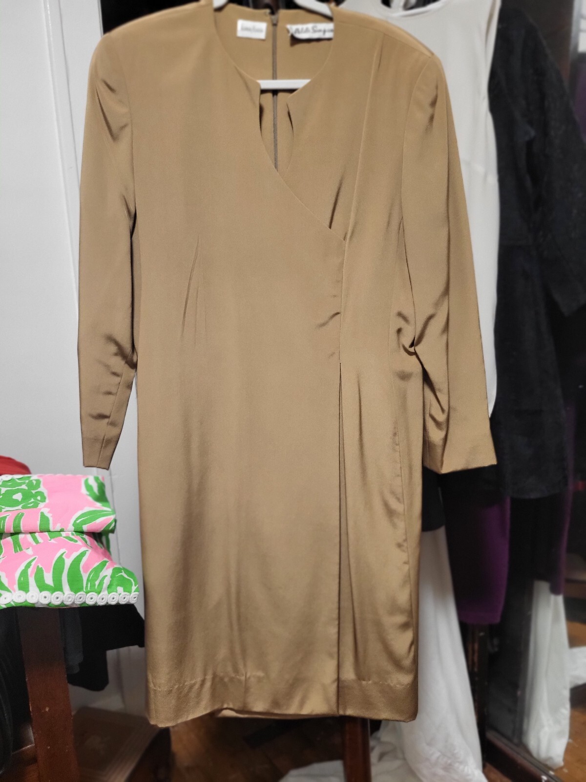 Vintage 1980’s? Adele Simpson Neiman Marcus Silk Champayne Taupe Dress 12