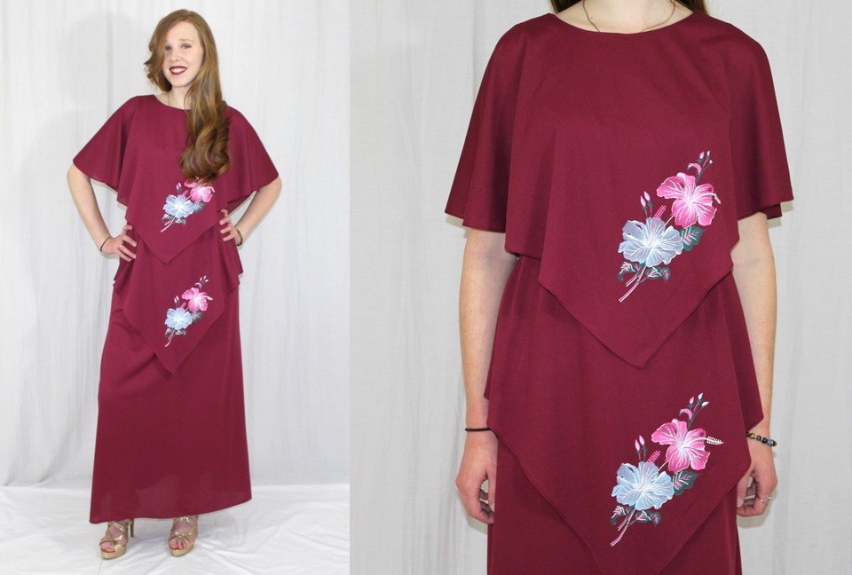 Vintage 70s Burgundy Wine Floral Cape TIERED Retro Maxi Cocktail Party Dress M