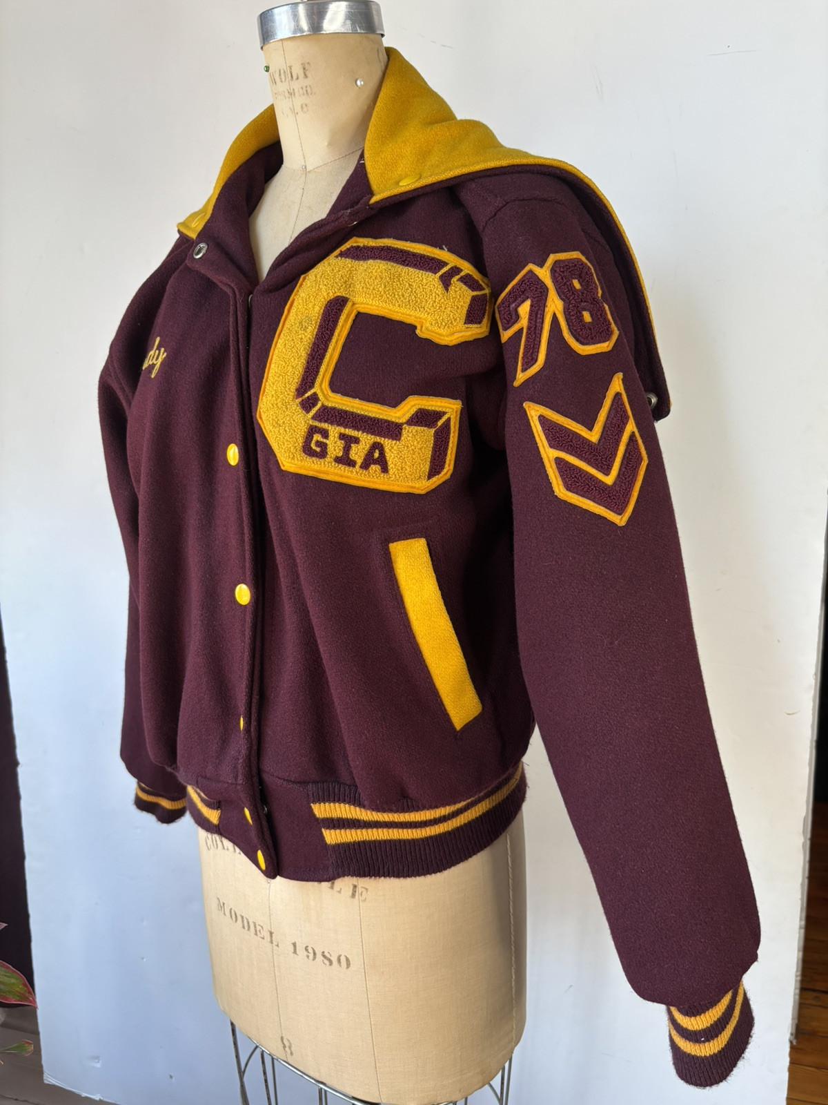 Vintage Women High School Varsity Letterman Jacket 1978 Quilted Burgundy Hood