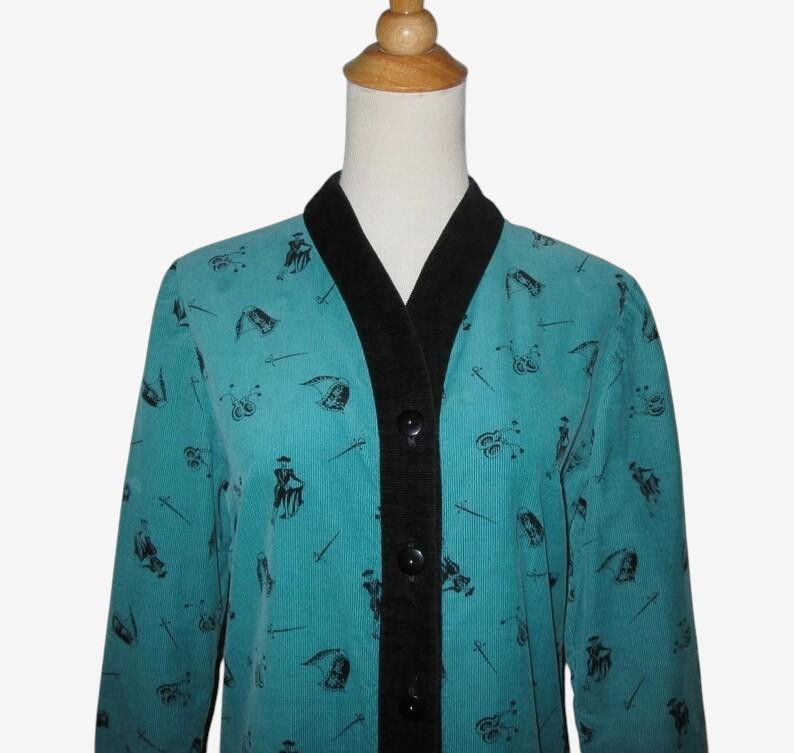 Vintage 1950s Corduroy Matador Blouse Jacket Teal Black Novelty Print – Size M