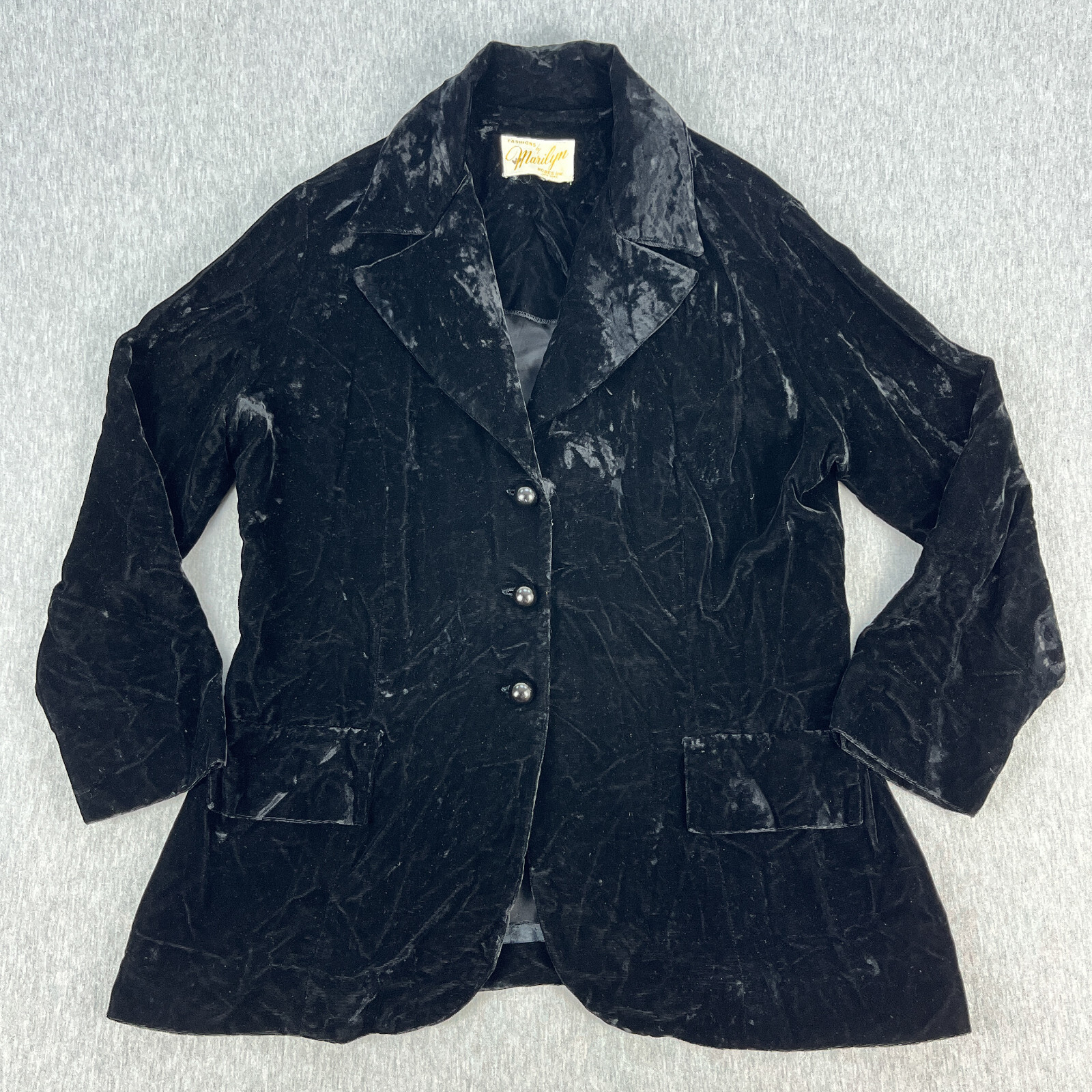 True Vintage Crushed Velvet Blazer Top Womens M/L Black Goth Dark Academia 60s