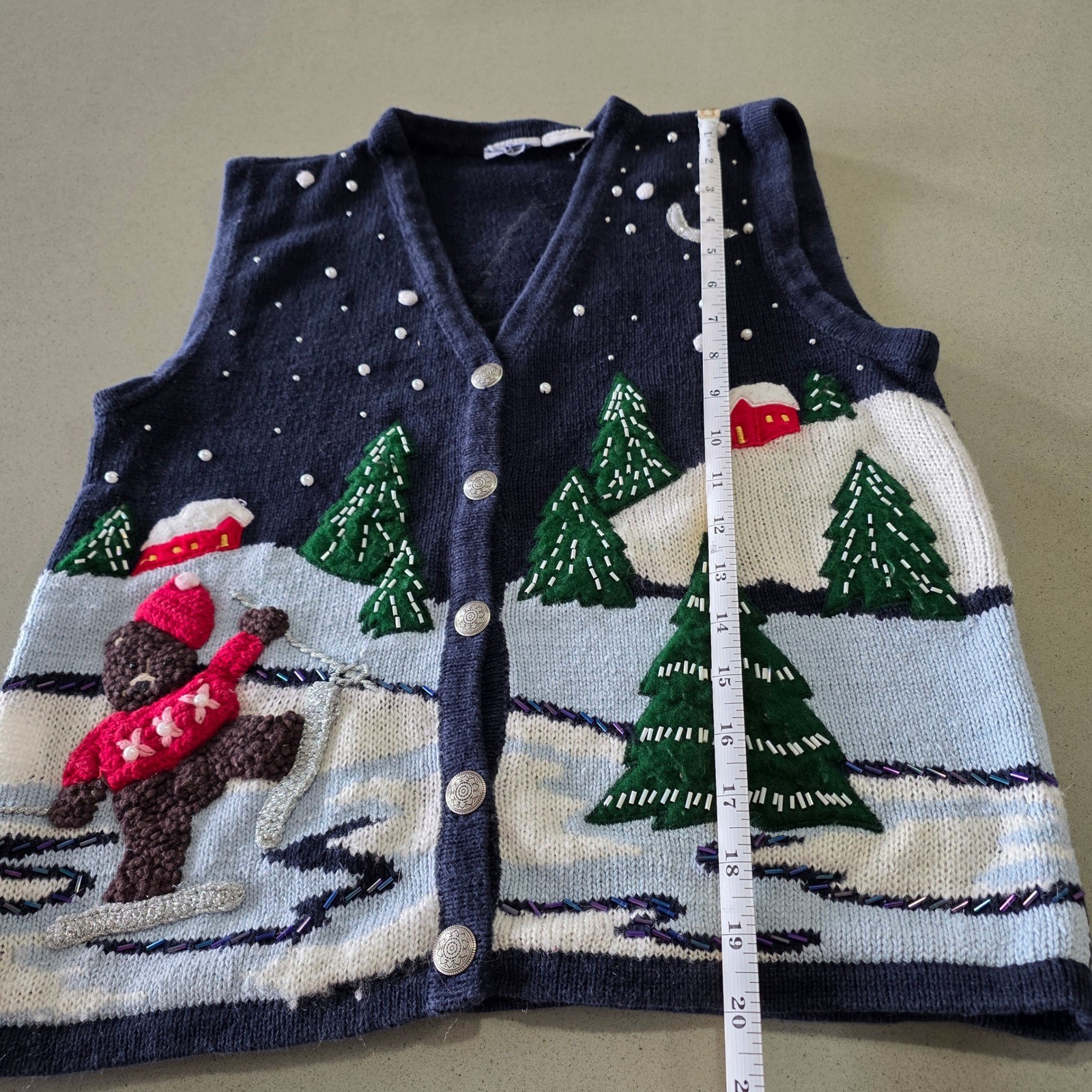 Vintage Winter Skiing Teddy Bear Sweater Vest Navy Blue Beaded Holiday Small