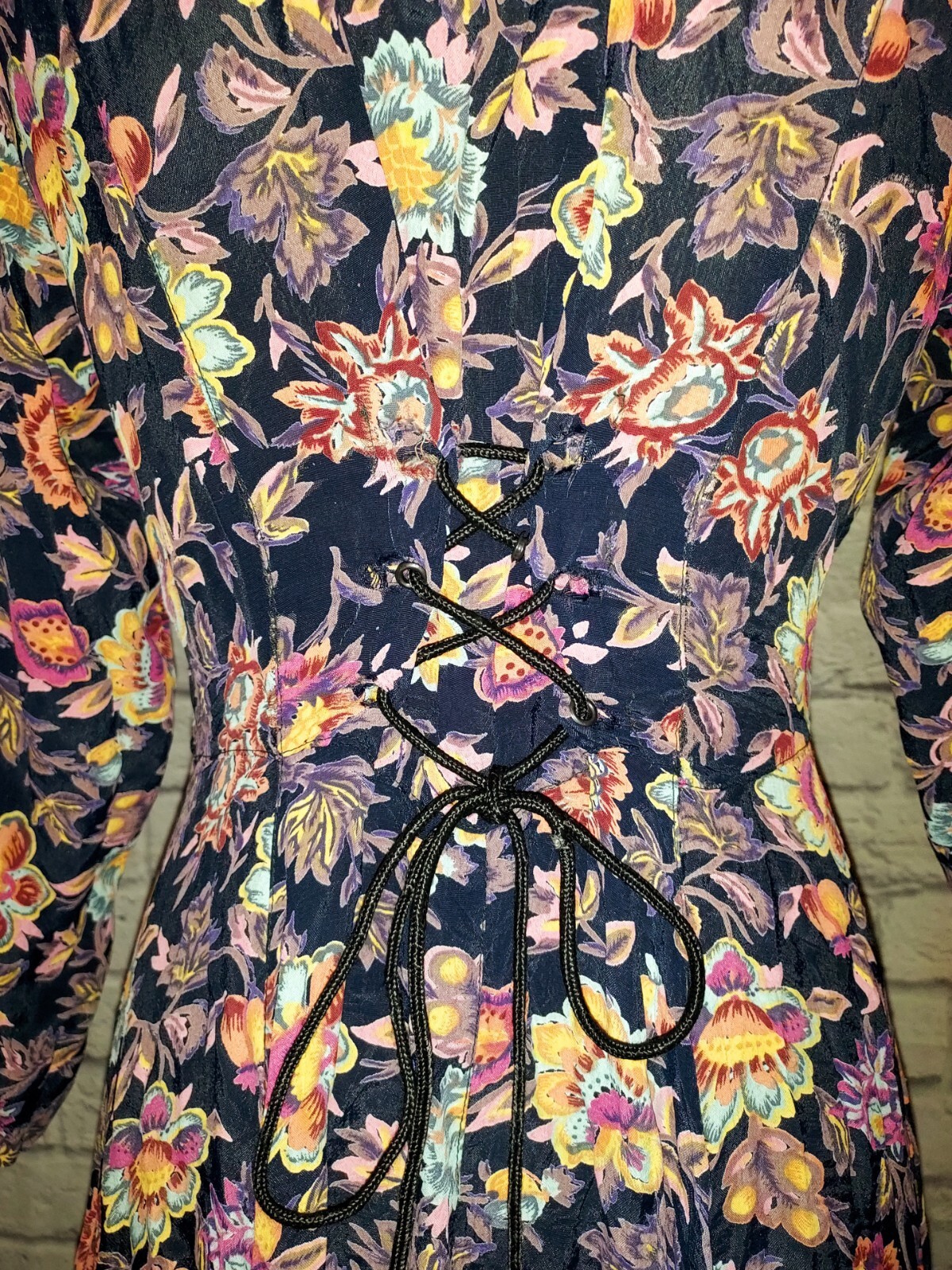 Vintage Starina Rayon Multi Floral Corset Back Lined Boho Midi Dress Size Small