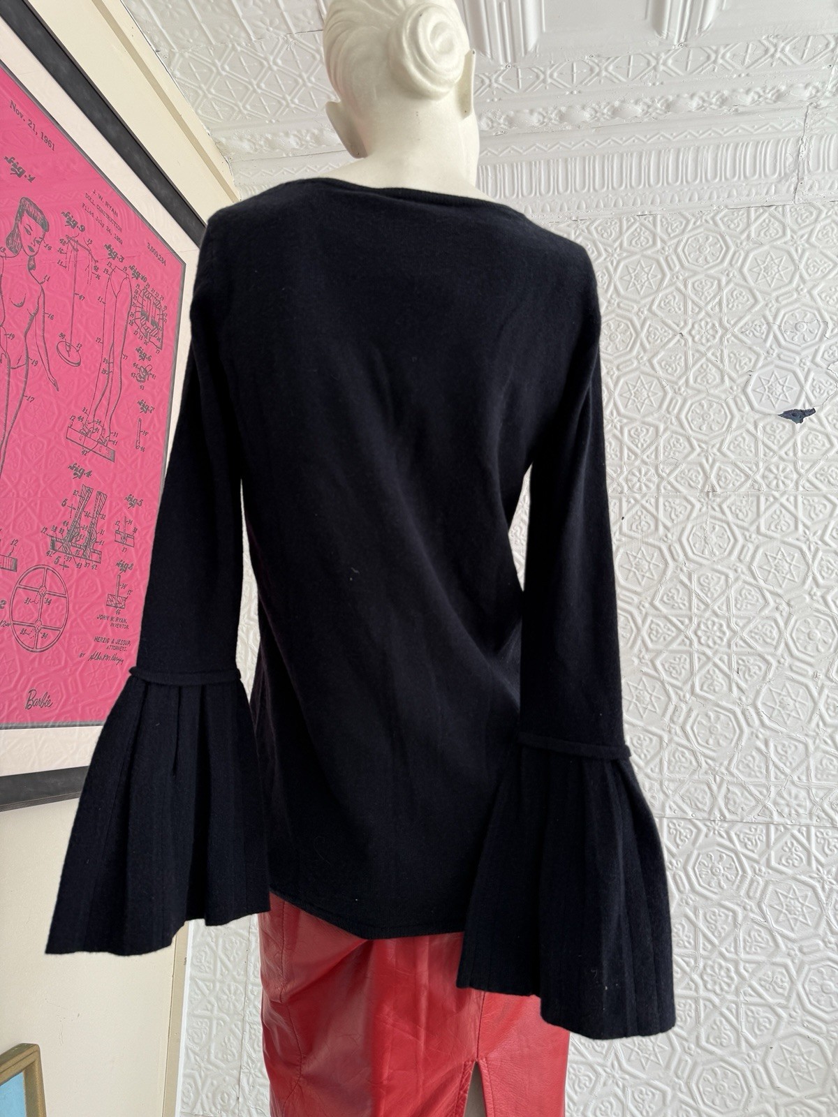 Vintage black cashmere sweater Neiman Marcus Bell sleeve tunic oversize XS