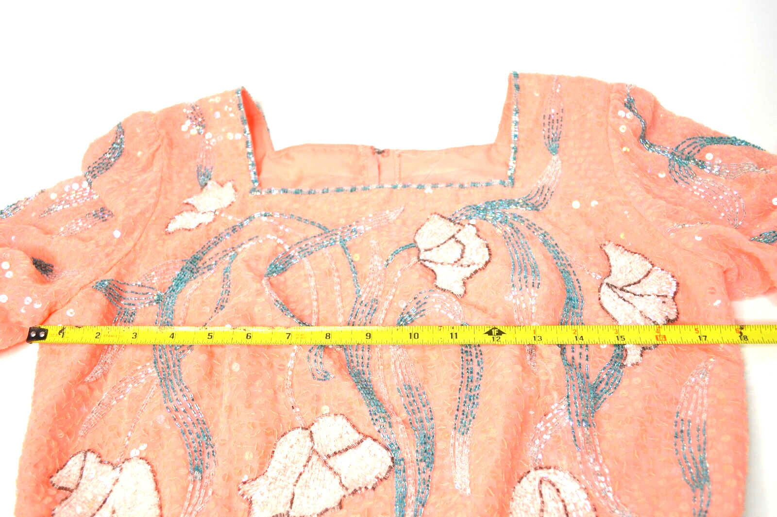 Romantic Vtg Jack Bryan Peach Chiffon Gown Sequins and Beads Long Sleeve Sz 10