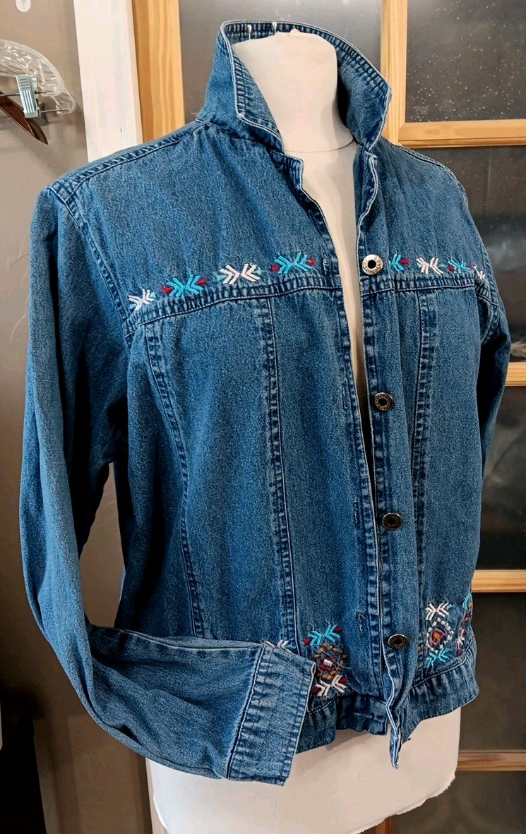 Vintage Denim Jacket Embroidered Agapo Blue Jean Sz M Southwestern Aztec Navajo
