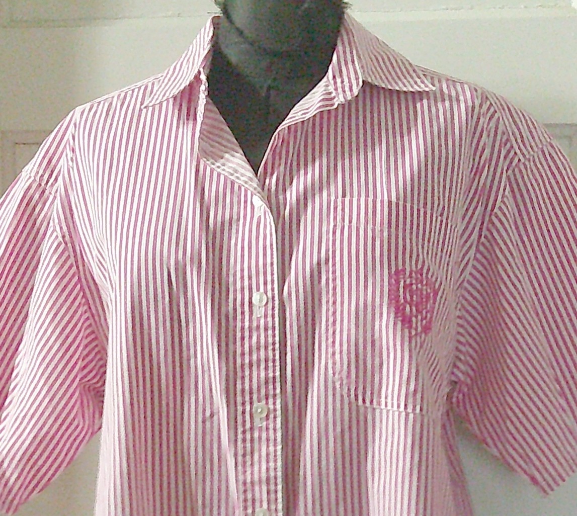 80’s CASUAL CODE SS Pink Stripe Embroidered Button Up Shirt Top Blouse L
