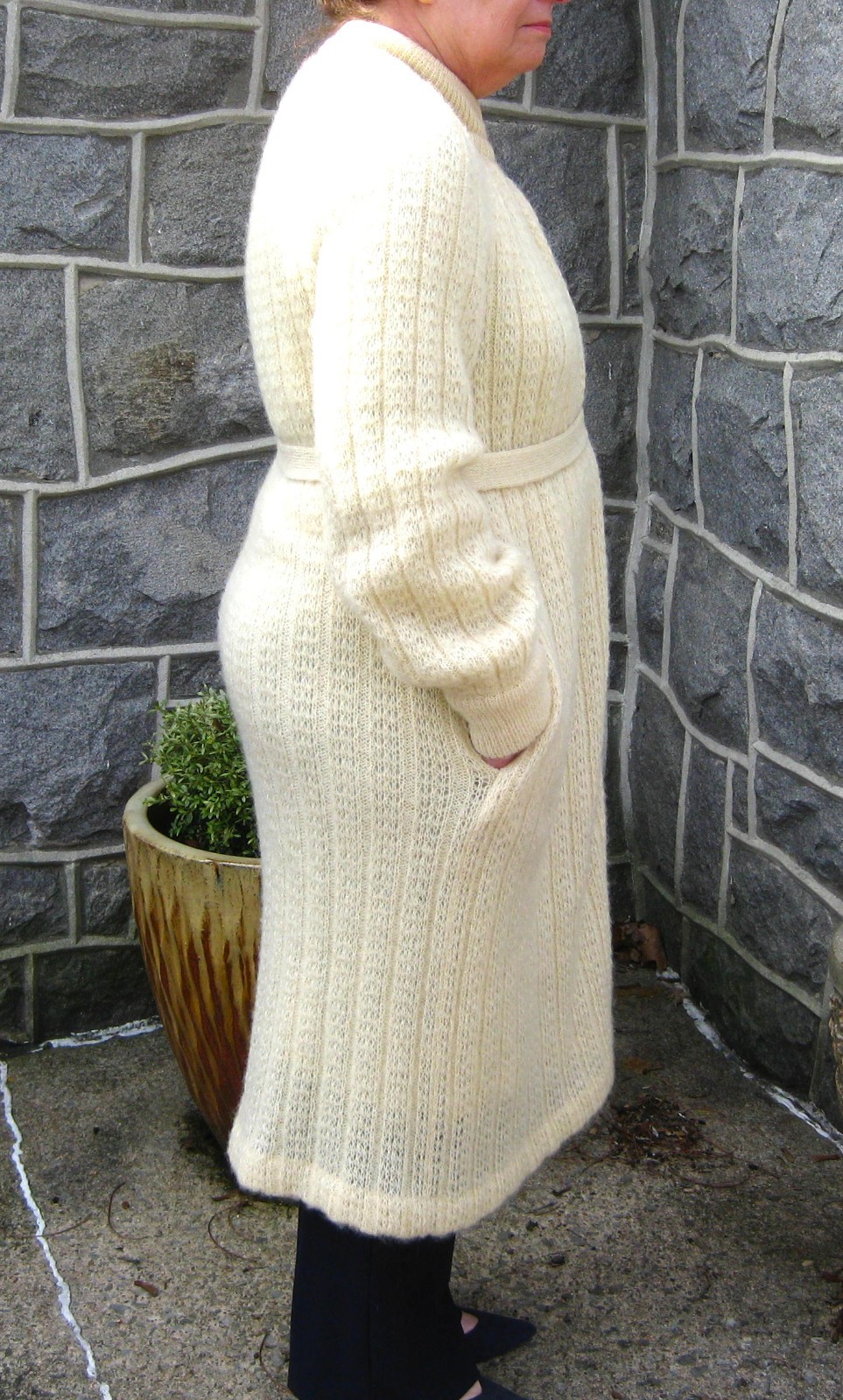 I.B. Diffusion Mohair Wool Long Ivory Cream Sweater Coat Size L Vintage 80s