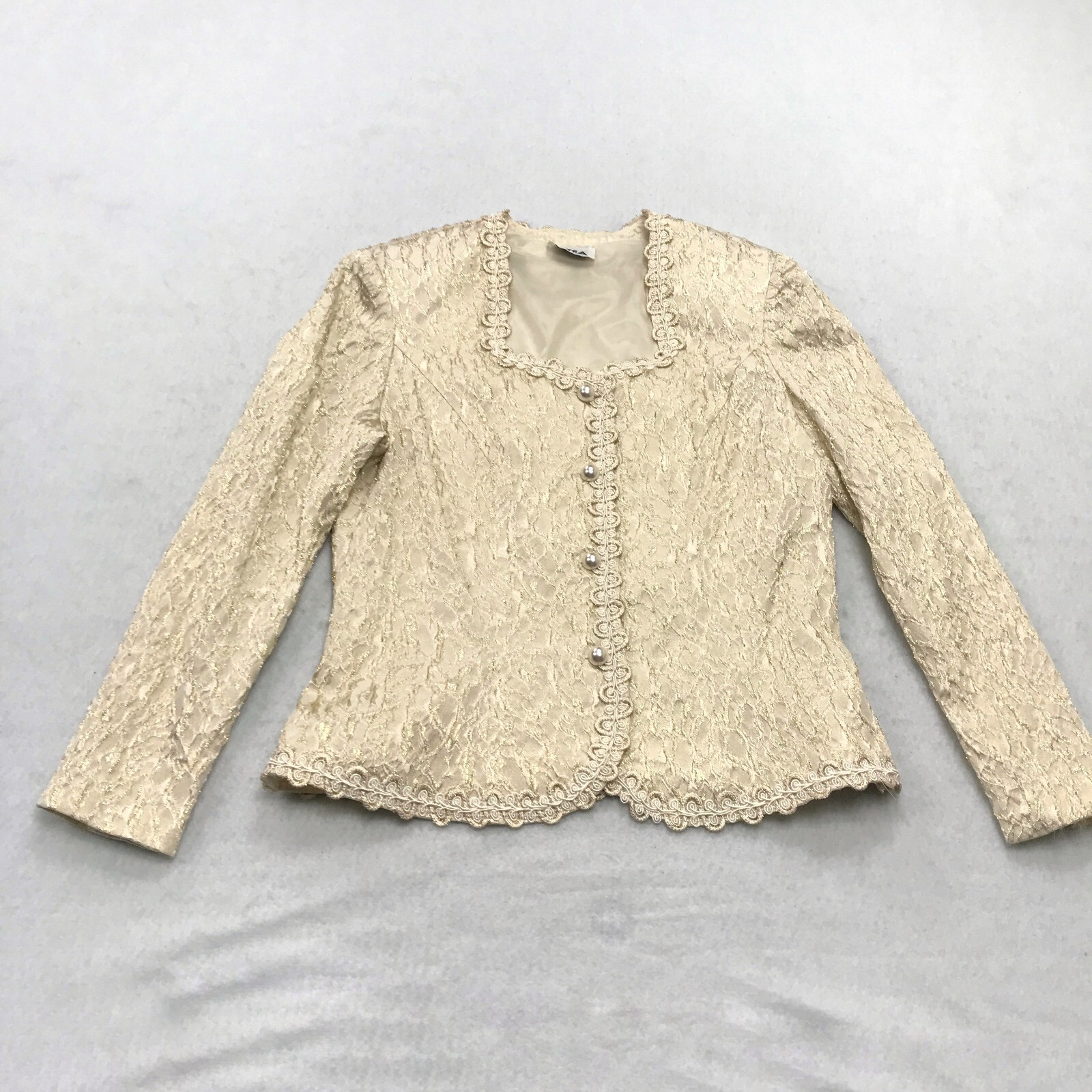 Vintage Blazer Womens Medium Ivory Gold 80s Preppy Faux Pearl Buttons Patra