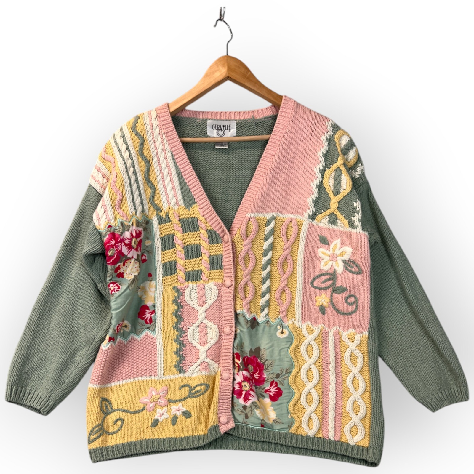 Cervelle Women Patchwork Sweater Cable Knit Large Embroidered Grannycore Vintage