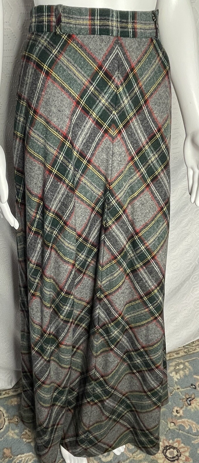 Vintage 70s Maxi Skirt Blazer Suit Wool Plaid 9/10 Wide Lapels Gray Green Red JH